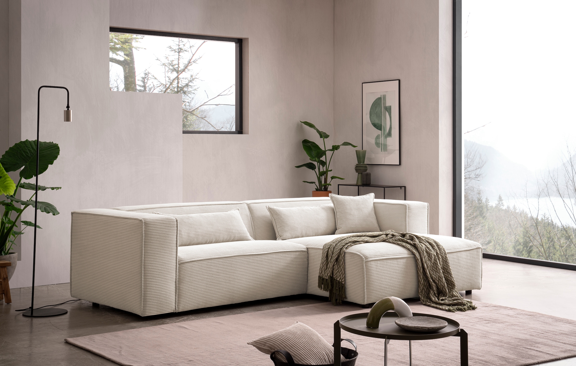LeGer Home by Lena Gercke Ecksofa "PIARA Cord mit Kedernaht L-Form" wahlweise Ottomane rechts/links, schwarze Füße, bequemer Sitzkomfort