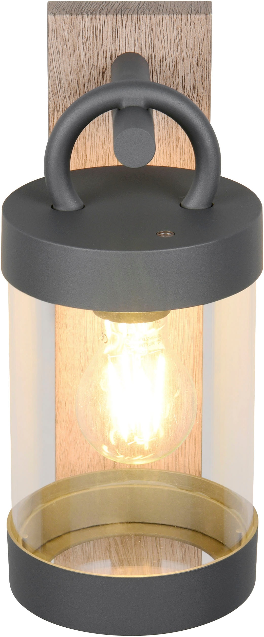 TRIO Leuchten Außen-Wandleuchte »SAMBESI, Laternen Optik Hauswand, exkl 1x E27 max 28W Dämmerungssensor«, 1 flammig, Leuchtmittel E27 | Leuchtmittel wechselbar, Fassadenbeleuchtung aus Alu Druckguss, Rückenplatte Holz Nachbildung