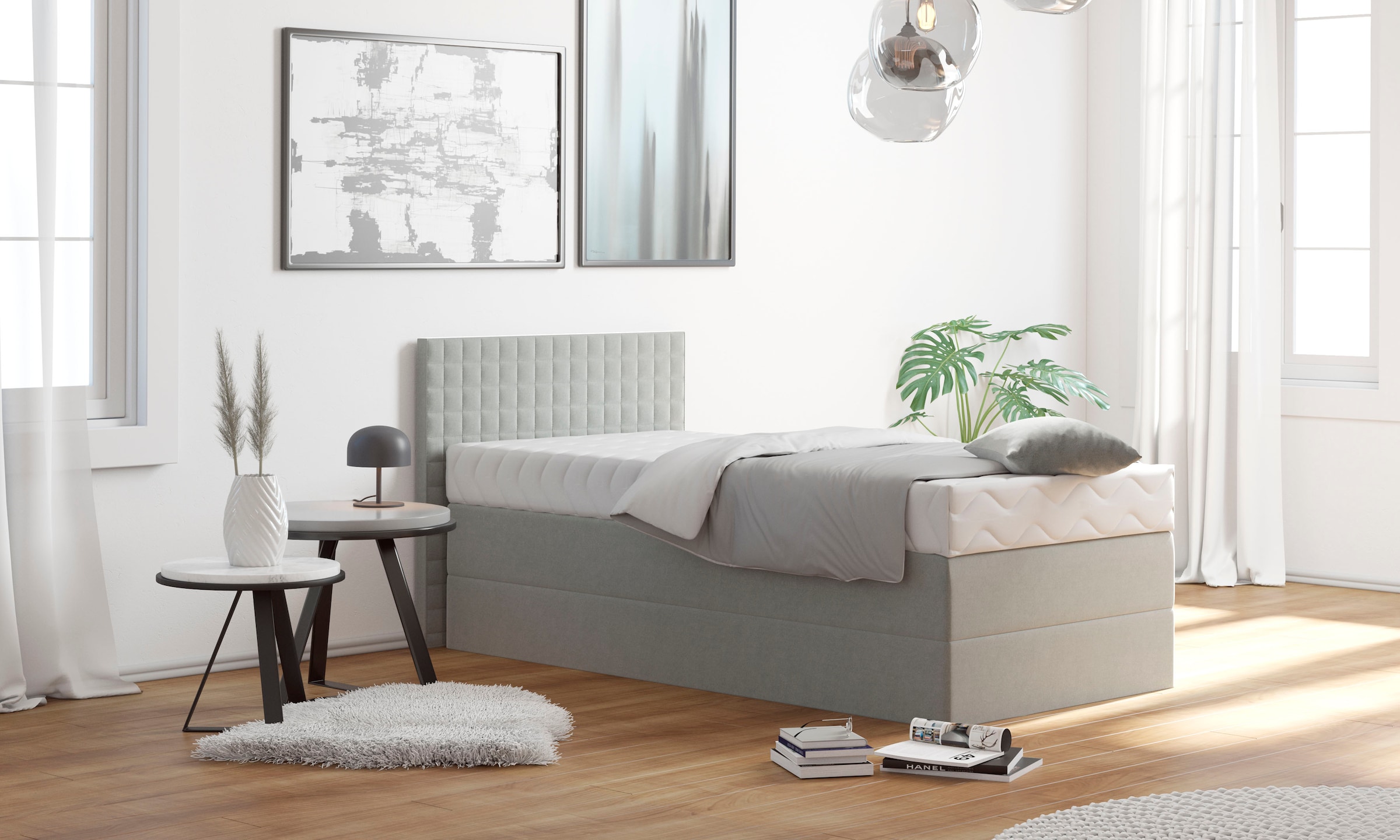 Boxspringbett, grau, B:115cm L:210cm, Bezug: 100% Polyester;Polsterwatte: 100% Polyester, WESTFALIA SCHLAFKOMFORT, Komplettbetten, Boxspringbett, mit Zierkissen, wahlweise mit Topper 4