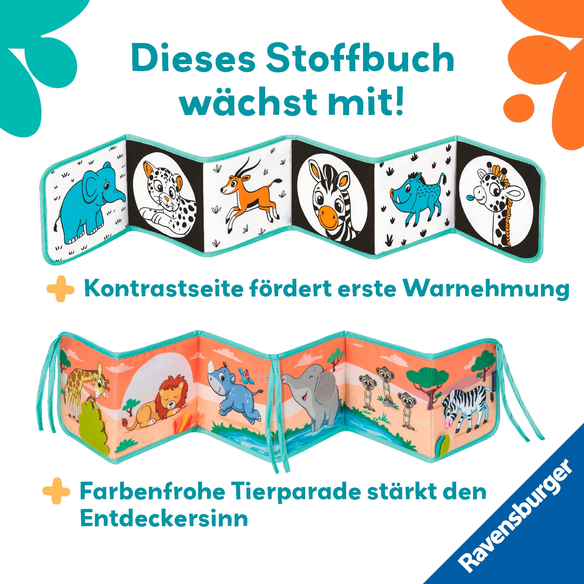 Ravensburger Greifspielzeug »Play+ Mein allererstes Stoffbuch (für die Bauchlage): Wilde Tiere«, (;Leporello); FSC® - schützt Wald - weltweit