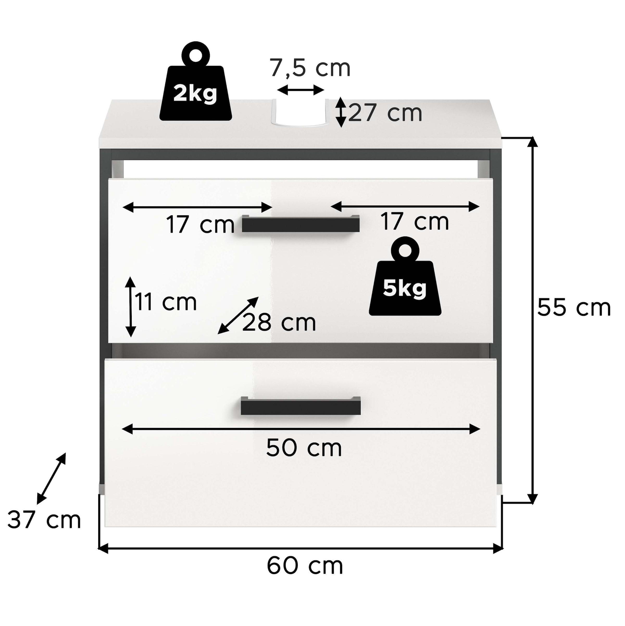welltime Waschbeckenunterschrank »KAJO, hochglanz Front, 2 Schubladen, Siphonausschnitt« 1 Stk. tlg. Waschbecken, Unterschrank, Bad, Badezimmer, Schrank