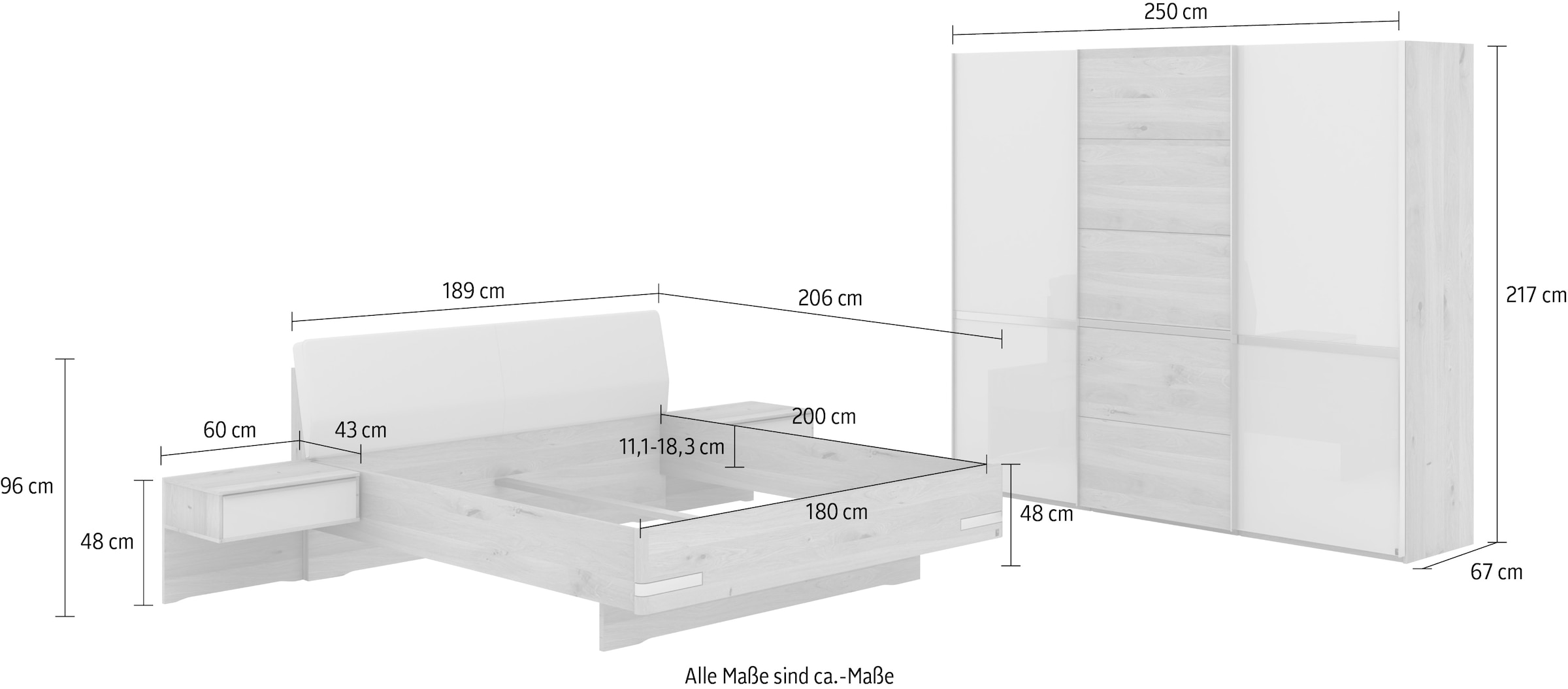 Musterring Schlafzimmer-Set »Savona, Kleiderschrank, Bett & Nachtkommoden, teilmassiv Bianco-Eiche«, (2er-Set Nachtschränke, Schwebetürenschrank, Bett 180x200 cm), Kopfteil Kunstleder Champagner, Schrank mit Eiche- und Glastüren