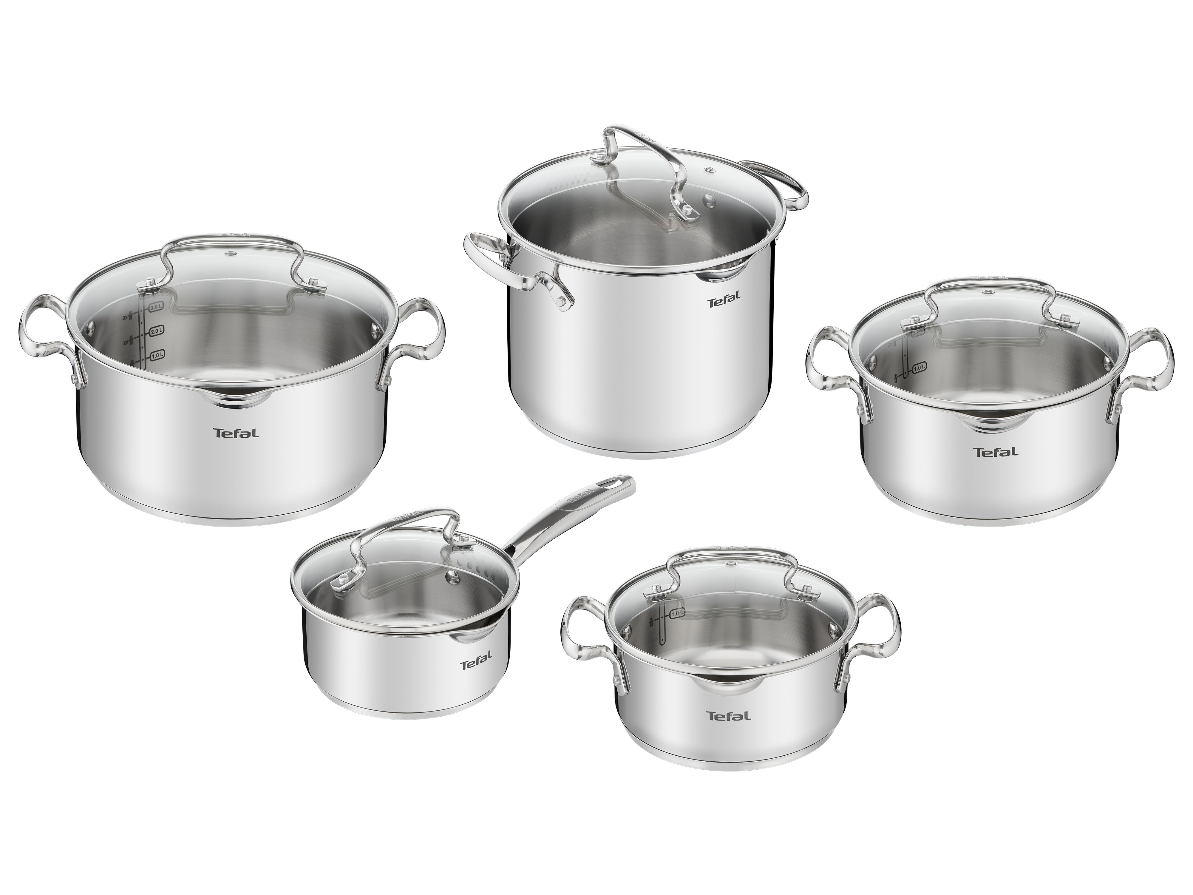 Tefal Topf-Set "Duetto+, Kochtopf Set mit Glasdeckel" Set, Stieltopf 16 cm, Schmortöpfe 18/20/24 cm, Suppentopf 22 cm, 10 tlg. Edelstahl
