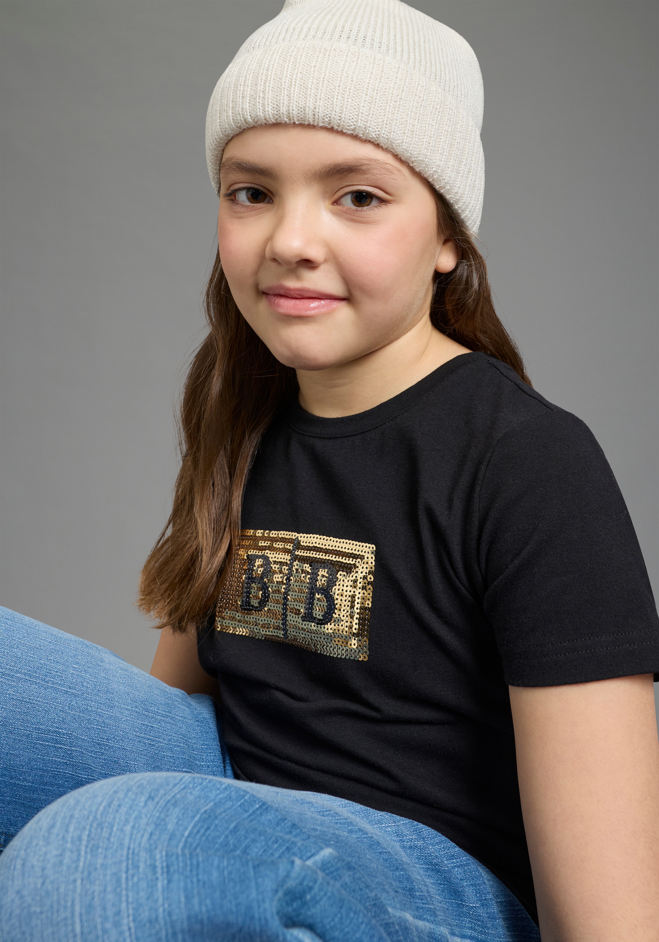 T-Shirt BRUNO BANANI "Banani Paillettenshirt für modische Girls", Mädchen, Gr. 128/134, schwarz, Single Jersey, Obermaterial: 95% Baumwolle, 5% Elasthan, bedruckt, unifarben, Basic, Rundhals, Shirts T-Shirt, modische Basic-Passform, Kurzarm, mit Paillette 2