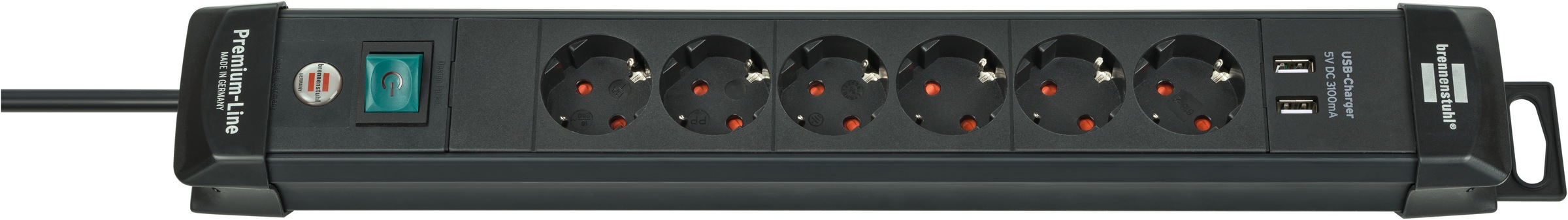 Brennenstuhl Steckdosenleiste "Premium-Line", 6-fach, (Kabellänge 3 m), mit Schalter, Aufhänge-Vorrichtung, 2-fach USB