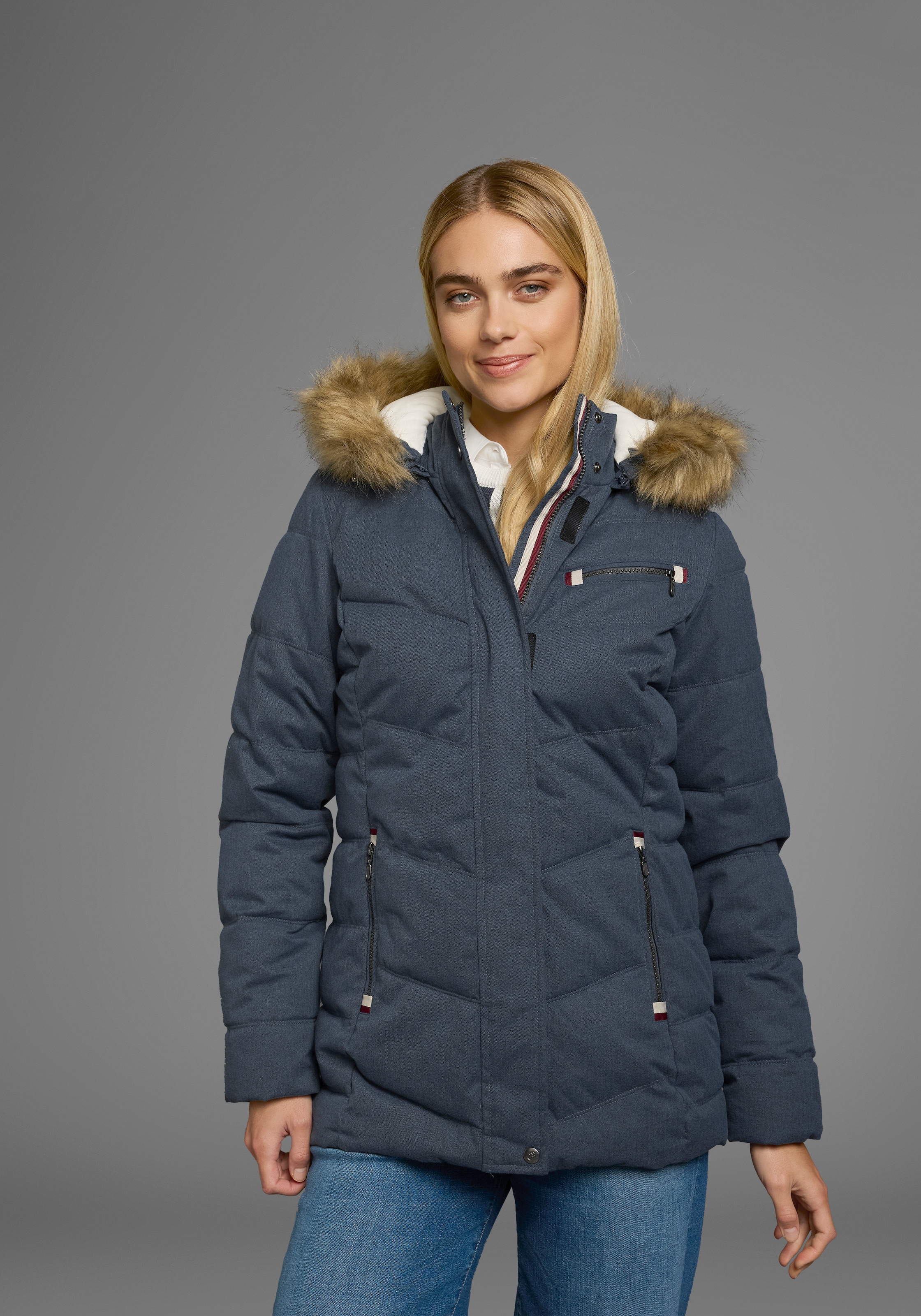 Polarino Steppjacke, mit Kapuze, mit abnehmbarer Kapuze, mit Fellimitat, vi günstig online kaufen