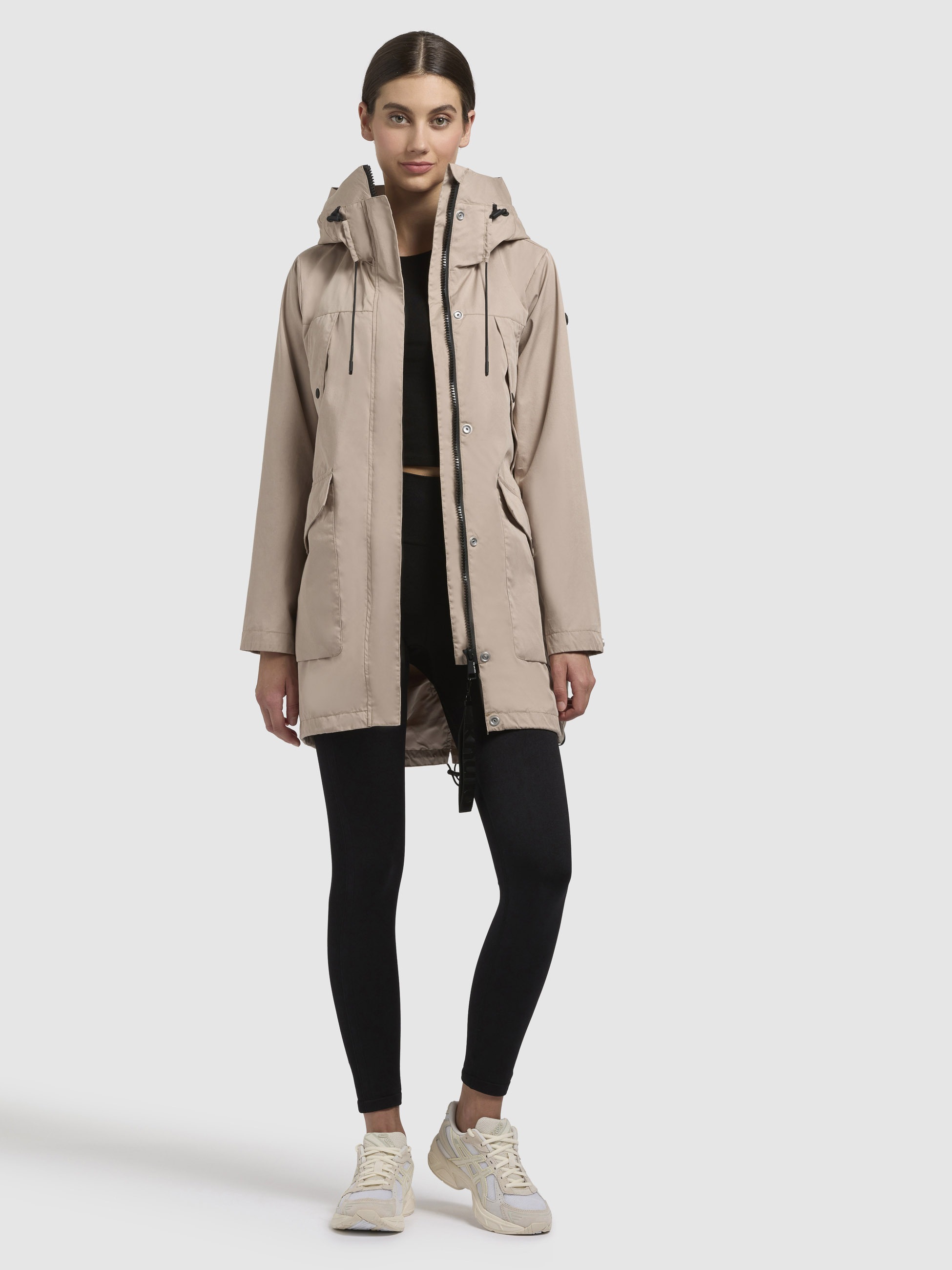 Kurzmantel KHUJO "VENGA", Damen, Gr. L, beige, Web, 80% Baumwolle, 20% Nylon, unifarben, regular fit Po-bedeckend, eingesetzt abgesteppte Kante mit Druckknöpfen, Mäntel Kurzmantel