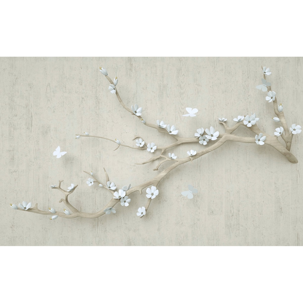 Papermoon Fototapete »Blumen mit Schmetterlingen weiß«