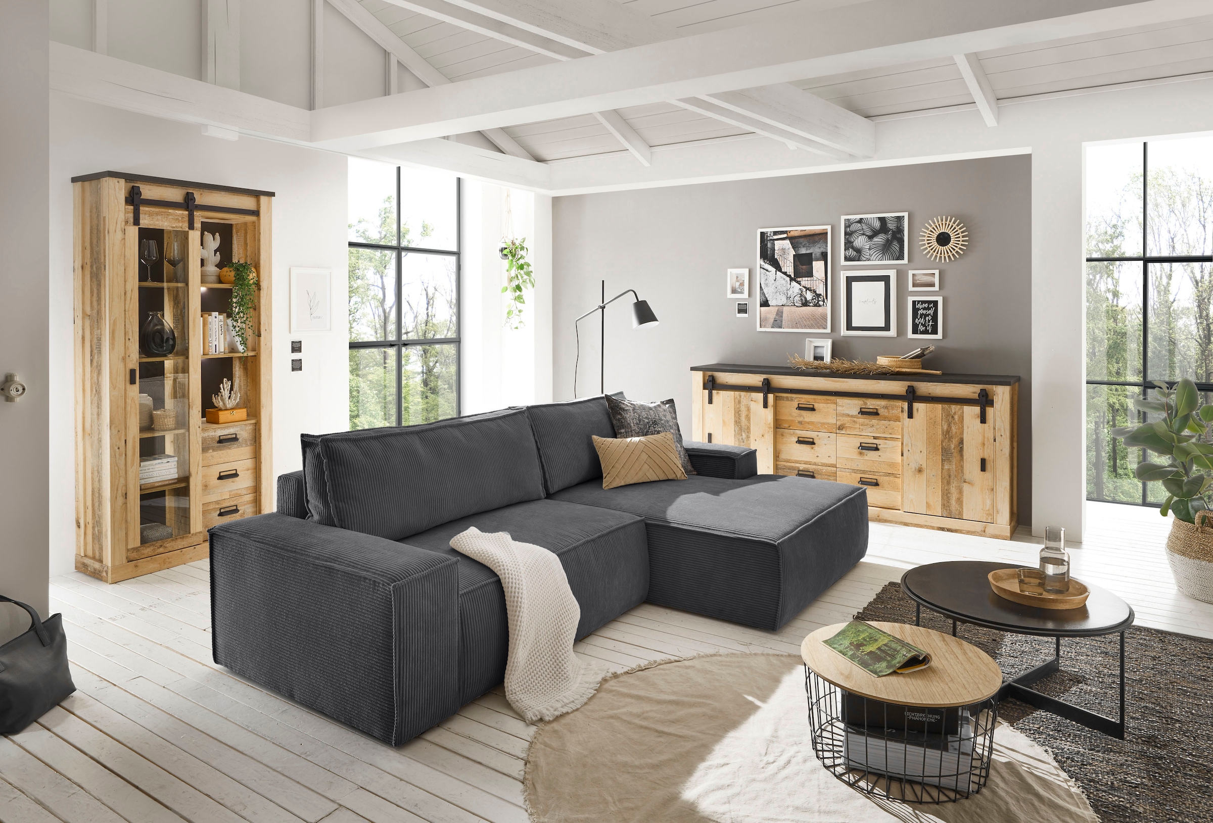 OTTO home Ecksofa »SHERWOOD L-Form, 267 cm - OTTO. Verlässliche Qualität.« Schlaffunktion mit Bettkasten (210x136 cm), Cord, Vintage, Samtvelours