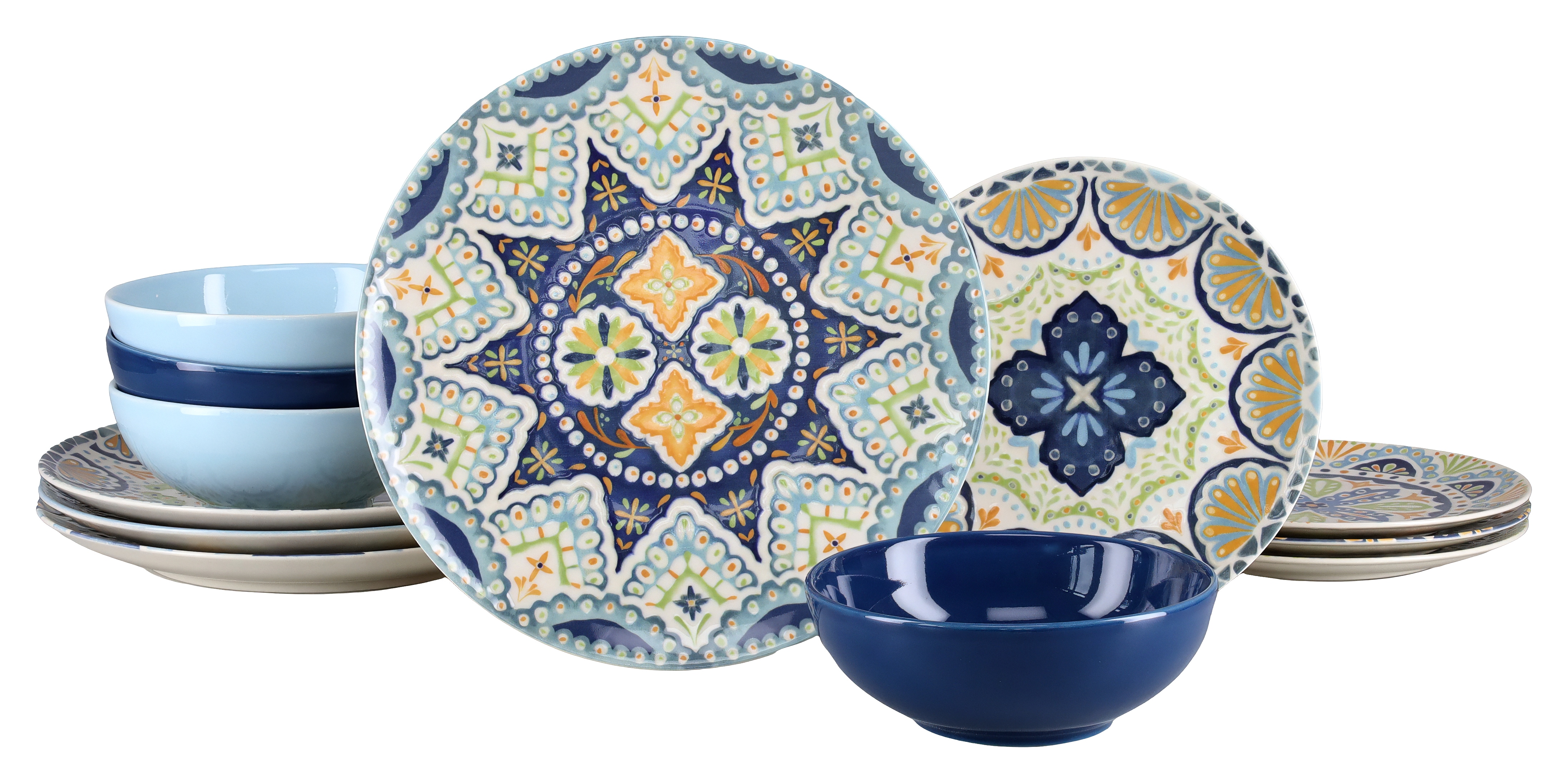 CreaTable Teller-Set "Patio, Geschirr-Set, 12-tlg." Hellblaue und blaue Farbglasuren, Hochwertiges Steinzeug
