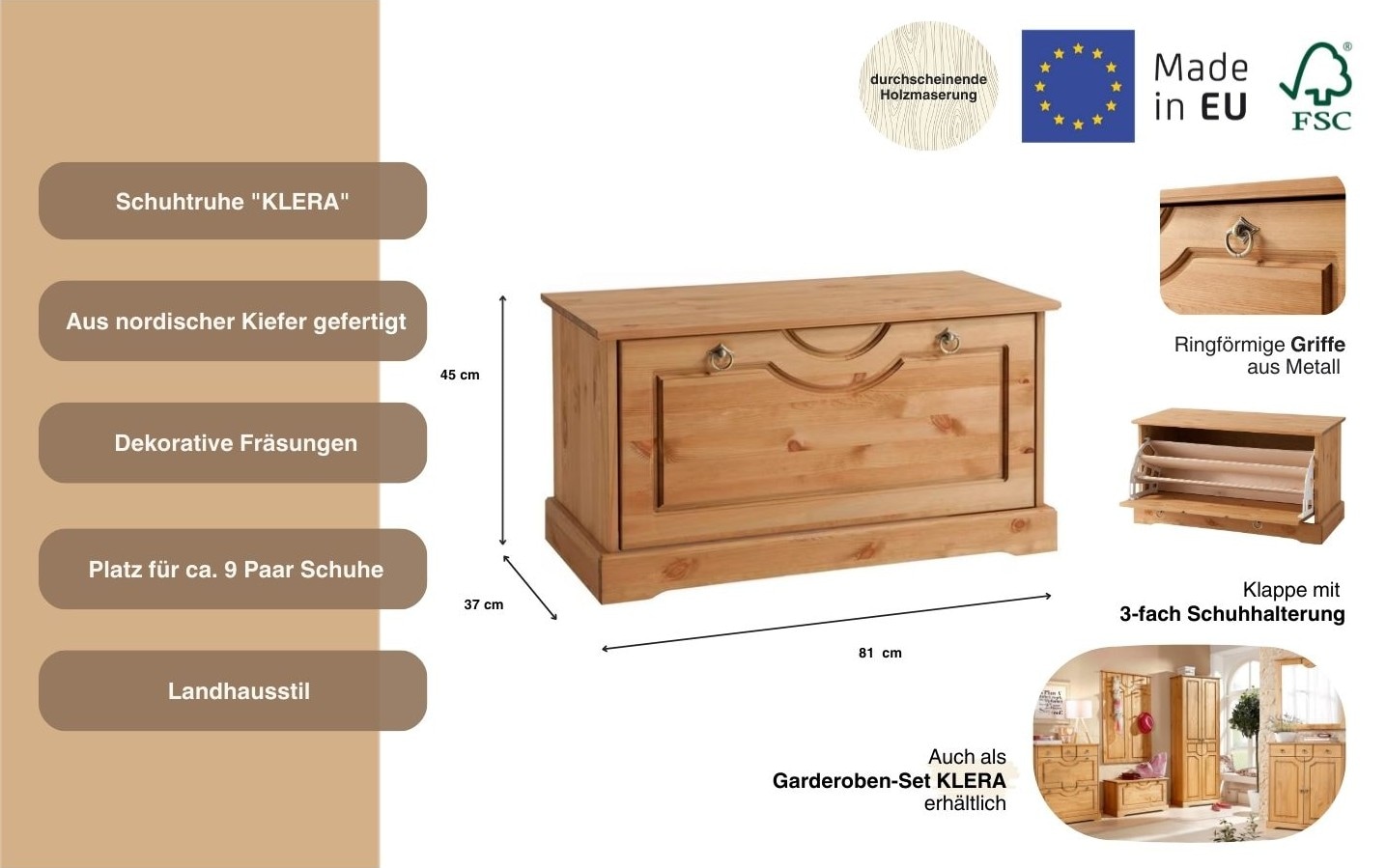 Home affaire Schuhtruhe »Klera« Breite 81 cm, aus massiver Kiefer, FSC®-zertifiziert