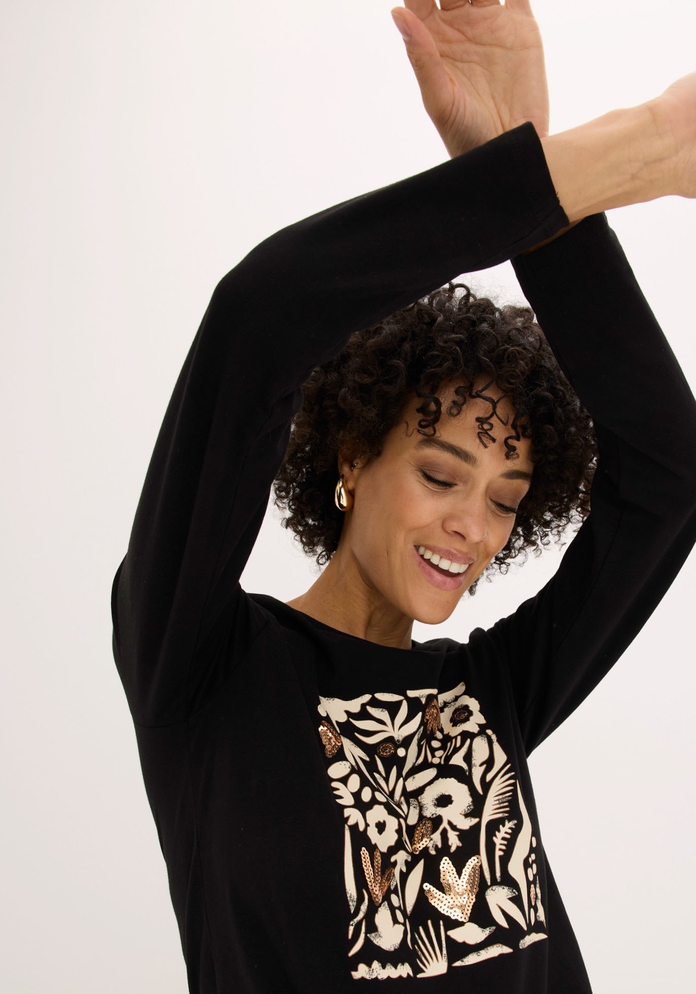 bonprix Langarmshirt Slim fit, Langarm, Druck mit Pailletten, für Frühling und Sommer