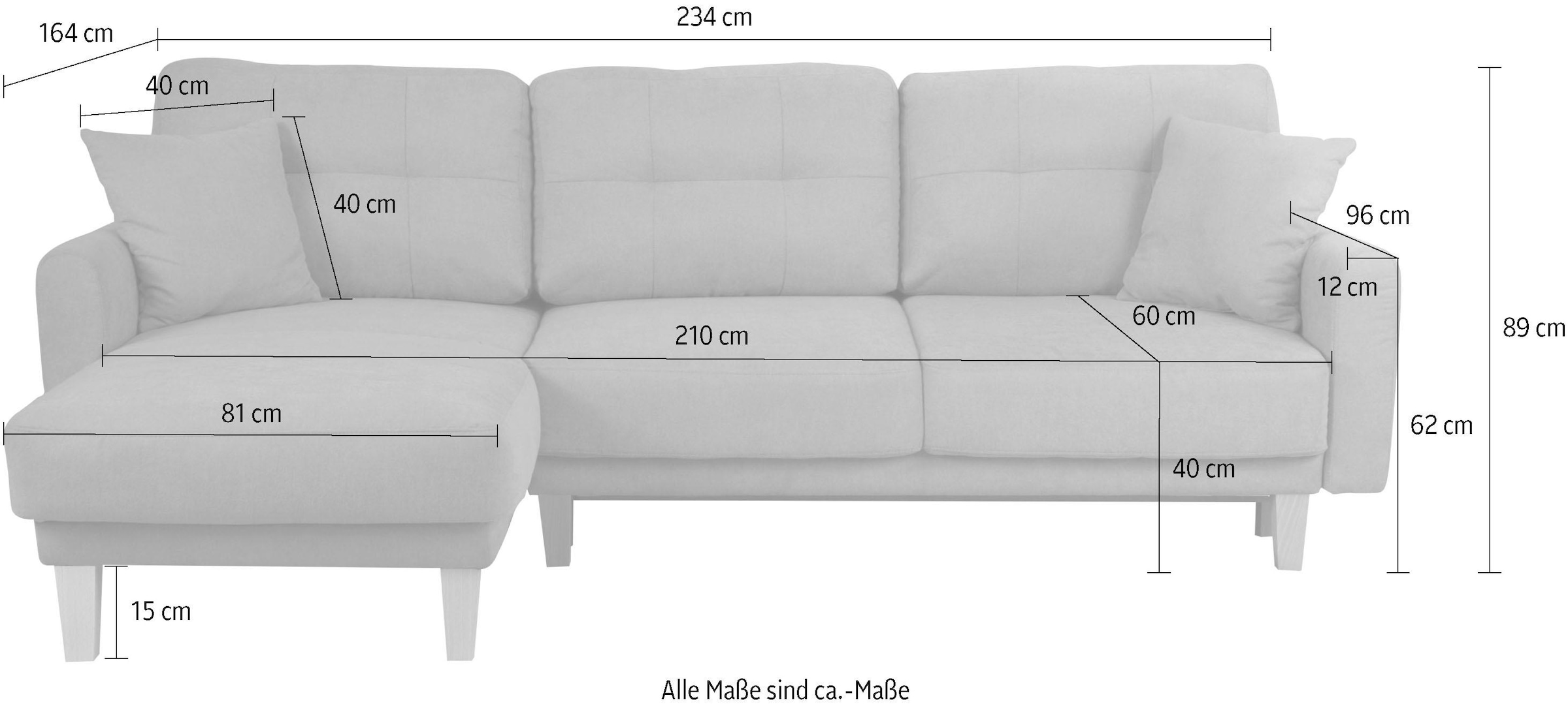 Home affaire Ecksofa »Triplo, Zierkissen, Schlaffunktion, B/T/H: 234/164/89 cm, L-Form«, wahlweise mit Bettfunktion und Bettkasten, Liegefläche 210/132 cm