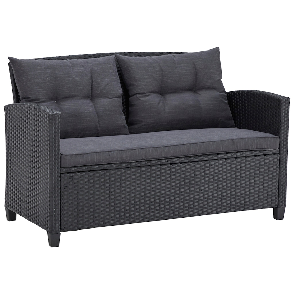 KONIFERA Gartenlounge-Set »St. Tropez«, (Set, 11 tlg., 1x2er Sofa, 2x Sessel,1x Tisch 90x55x42,5cm, inkl. Auflagen), Polyrattan, Stahl, Ablage unter dem Tisch, Balkonset, Loungeset