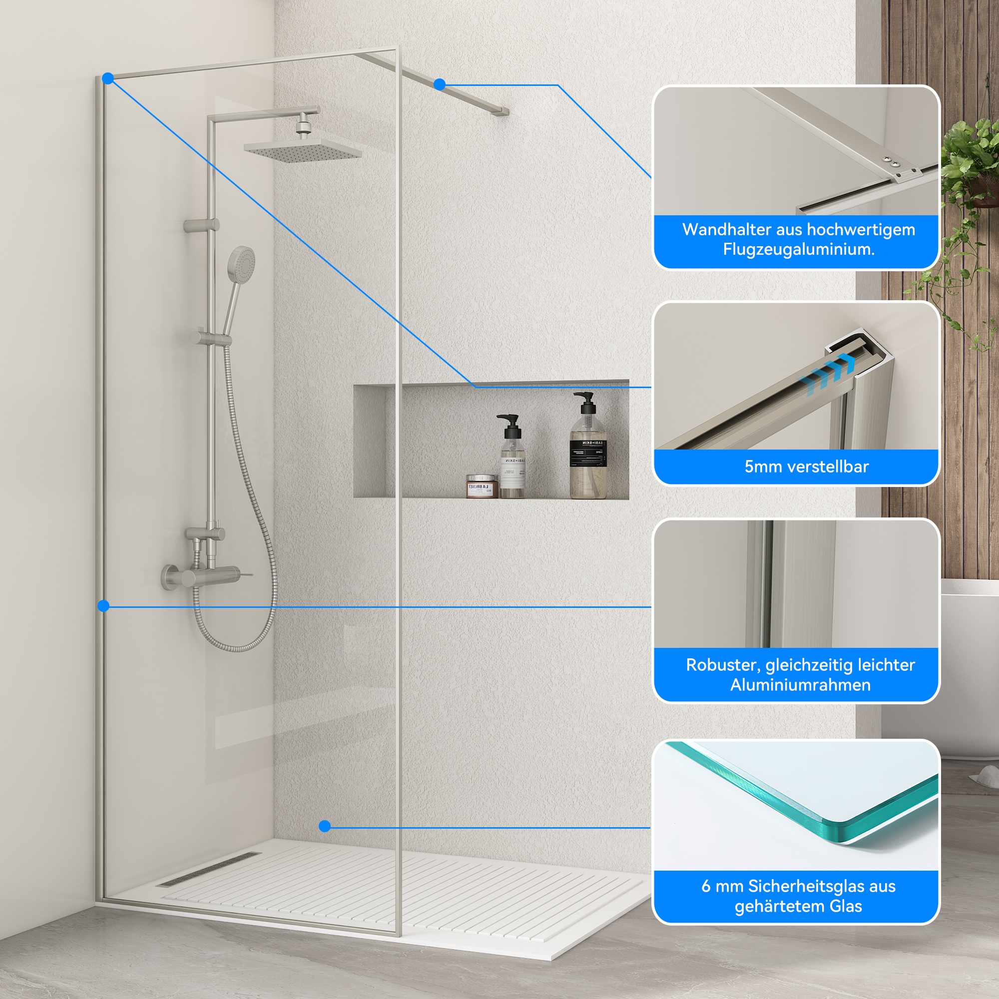 welltime Walk-in-Dusche »Frame« Rundumrahmen, auch mit stabilisierendem Eckregal in der Plus Variante