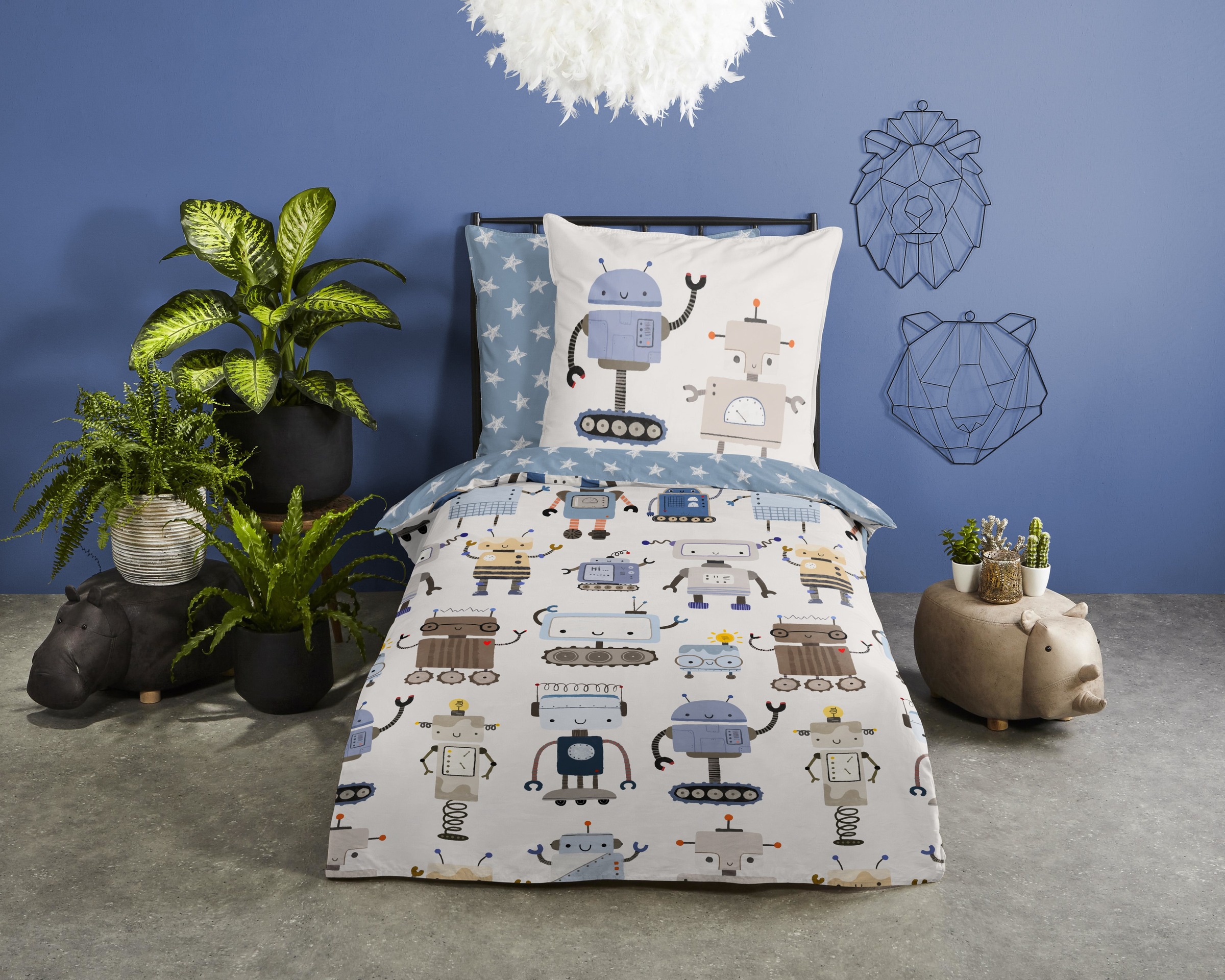 good morning Kinderbettwäsche »Robo«, Baumwolle, Reißverschluss, Wendeoptik, Baby, Junge, Roboter, Weiß blau