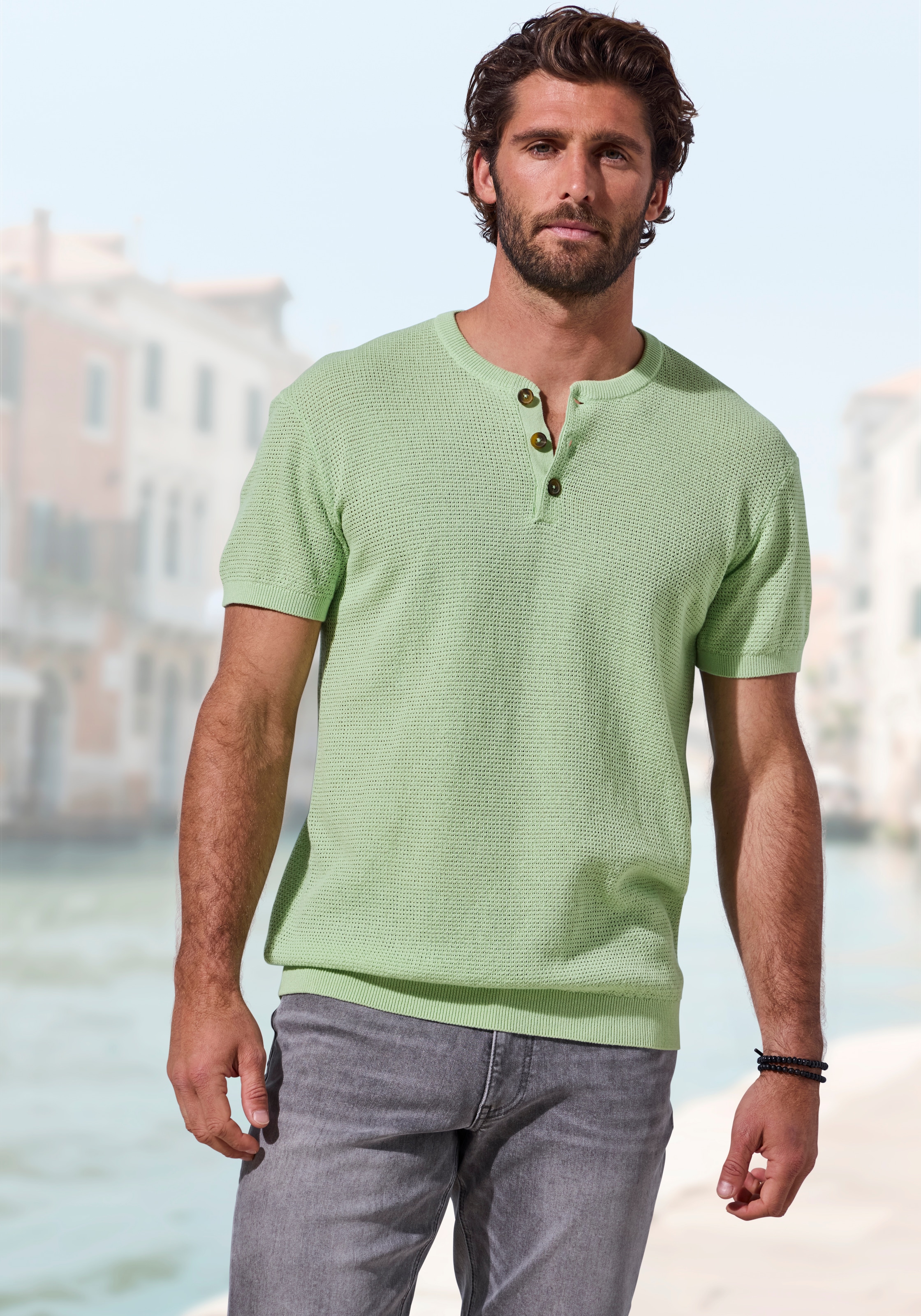 John Devin Henleyshirt "- sommerliches Strickshirt mit modischem Rundhals" Kleine Knopfleiste mit kontrastfarbenen Knöpfen