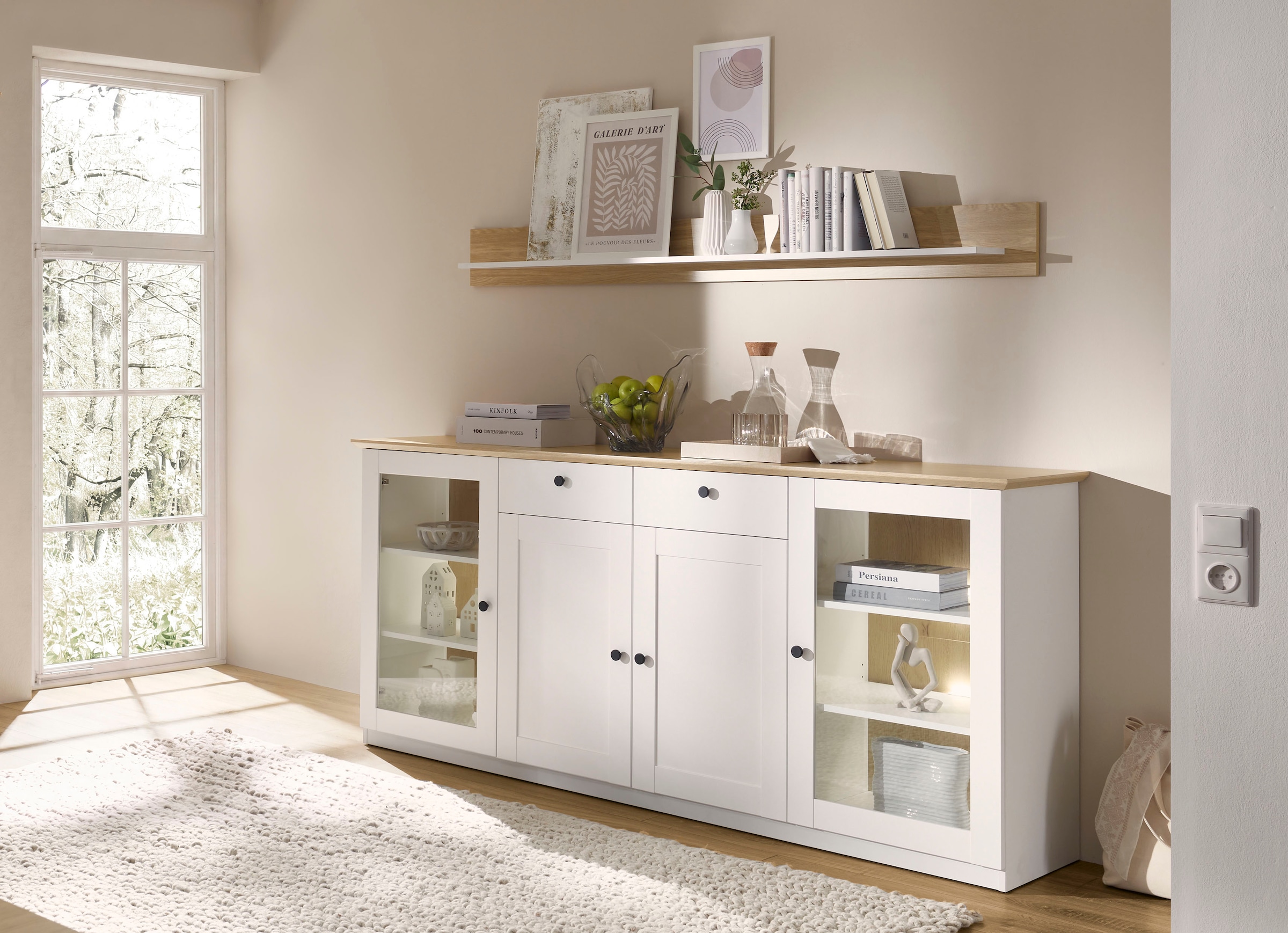 OTTO home Sideboard »Brest, Schrank im Landhausstil, Kommode, zeitloses Stauraumelement« schwarze Metallgriffe, ausreichend Stauraum, Glastüren, 204 cm breit