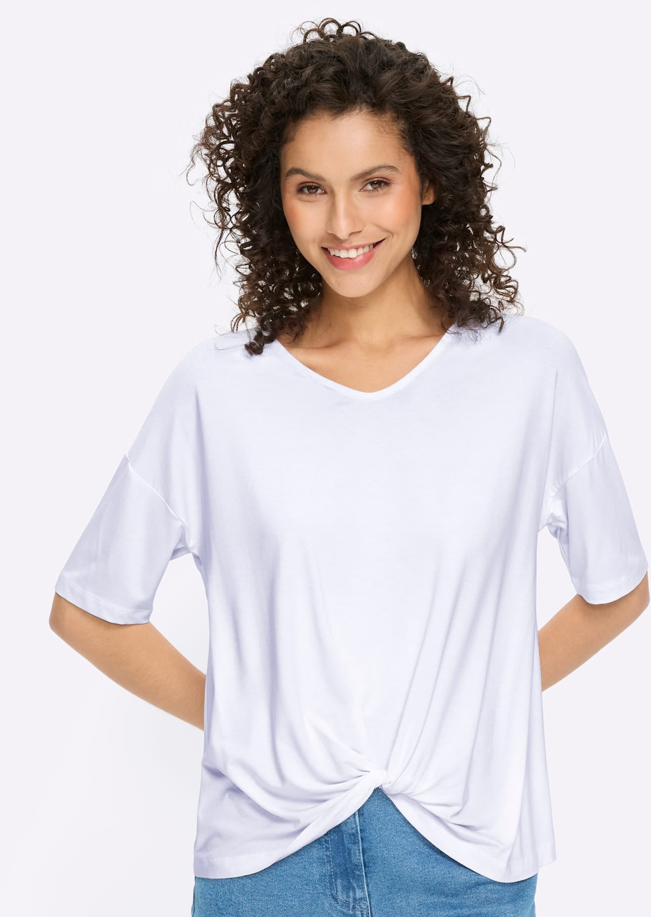 Kurzarmshirt HEINE "Shirt", Damen, Gr. 38, weiß, 95% Viskose, 5% Elasthan, unifarben, V-Ausschnitt, Shirts 4