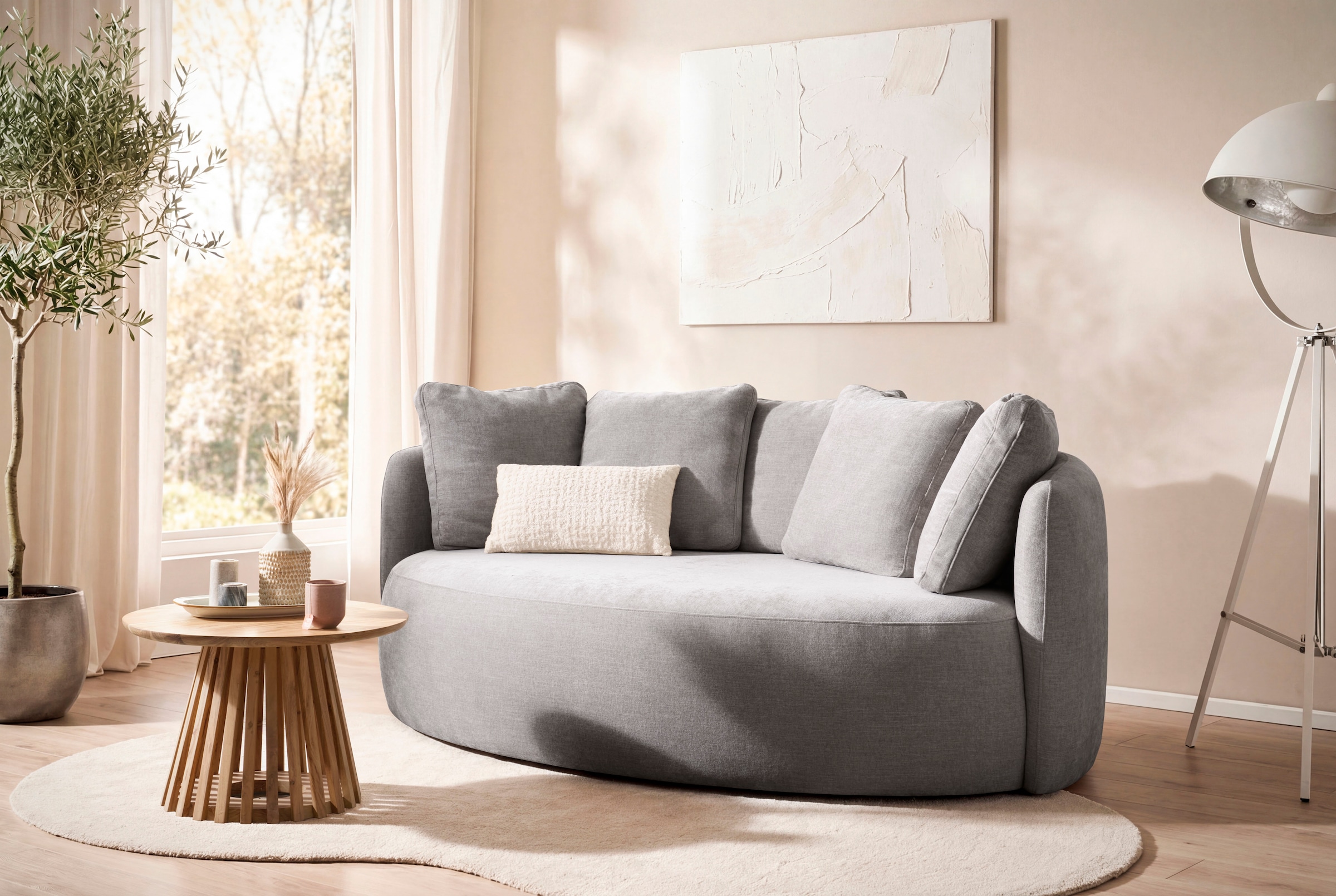 OTTO home 2,5-Sitzer »Kaarl, rundes Loungesofa, Sofa mit Kissen, perfekt gepolstert« Webstoff, in fünf Farben, zeitloses Design, inkl. 5 Rückenkissen