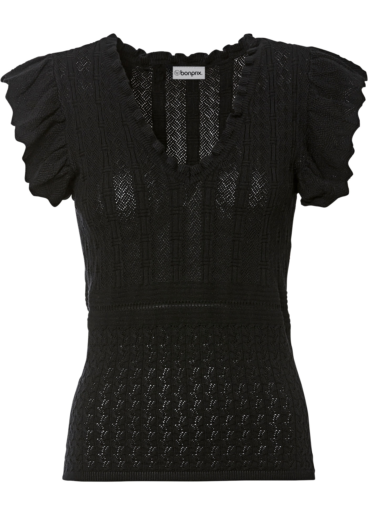 bonprix Strickpullover Ajour-Strick mit hohem Viskoseanteil, ärmellos mit Volant