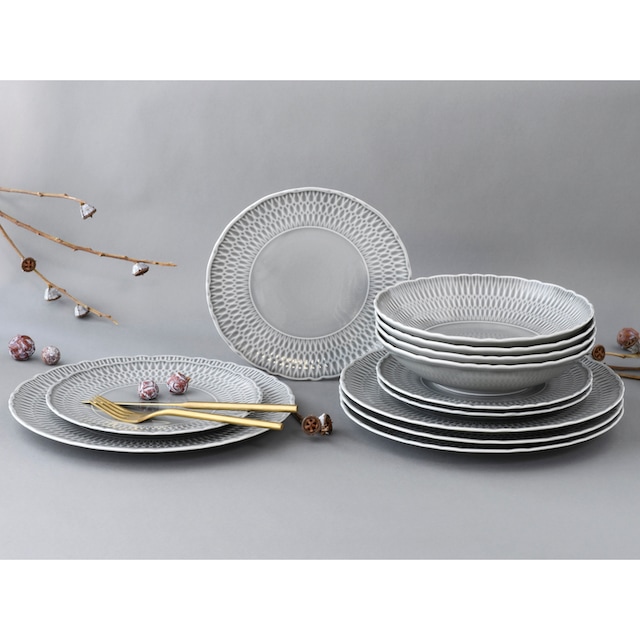 CreaTable Teller-Set »Geschirr-Set Sofia«, (Set, 12 tlg., Tafelservice für 4  Personen), Service, klassisch elegantes Relief, 12 Teile, für 4 Personen |  BAUR