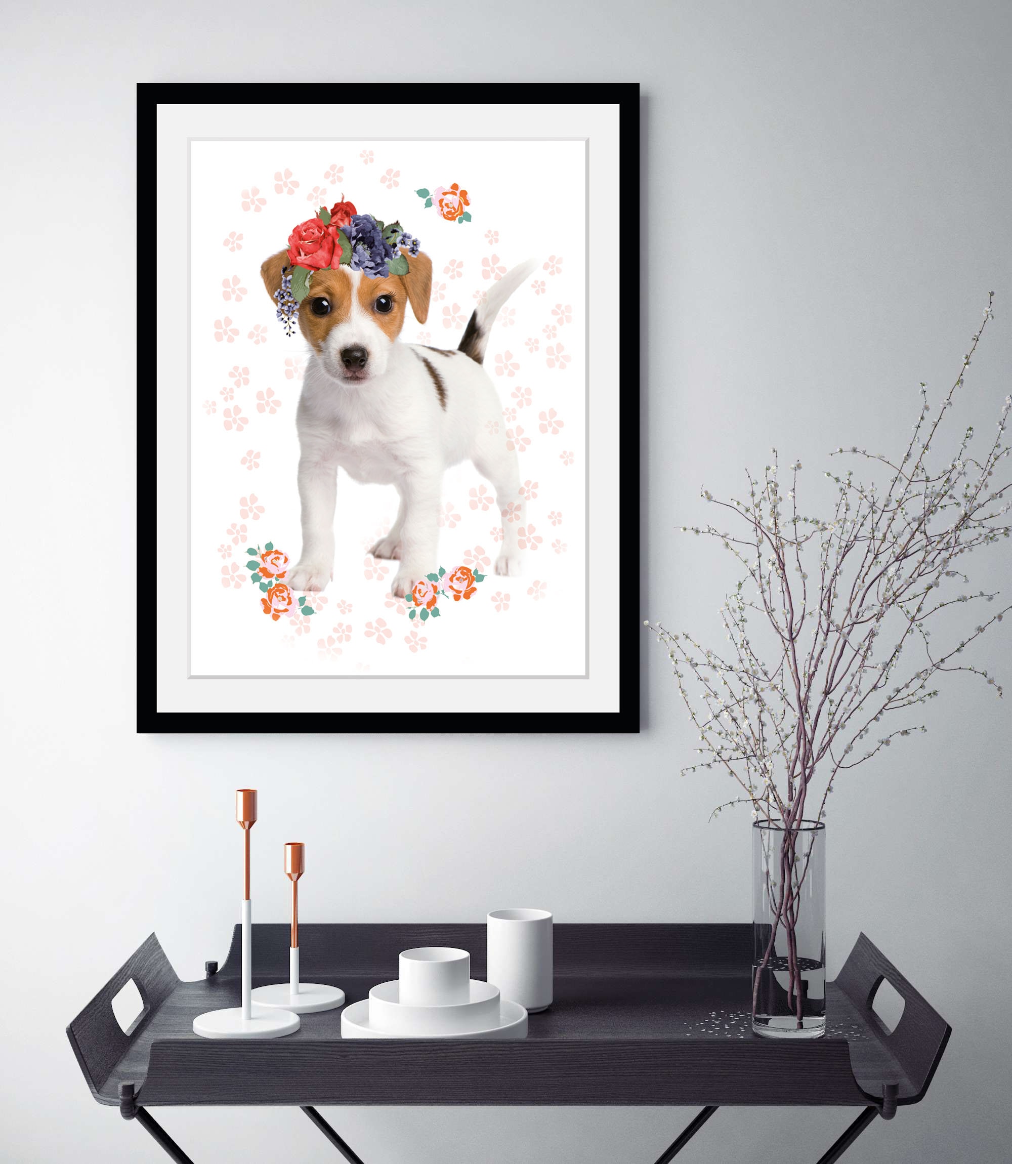 queence Bild "Hund mit Blumenkranz", (1 St.), HD Premium Poster-Druck inkl. günstig online kaufen