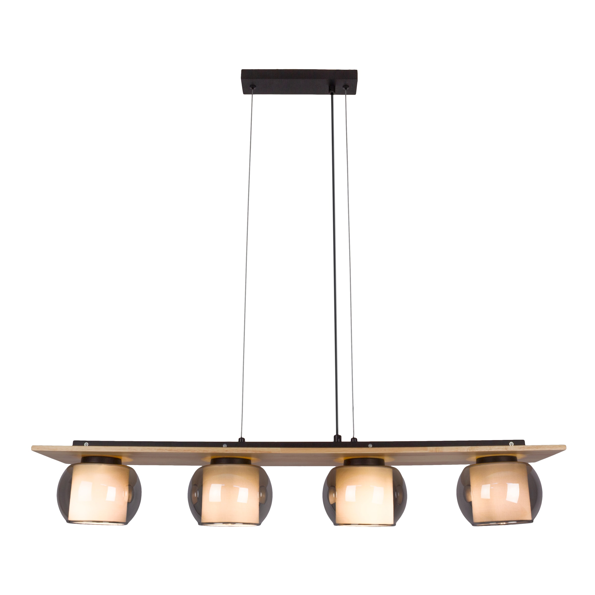 näve Pendelleuchte »Texas« E27 1 Stk. Glasschirme smokey, naturfarbenes Holzdetail, 4x E27, H:120cm, L: 90cm