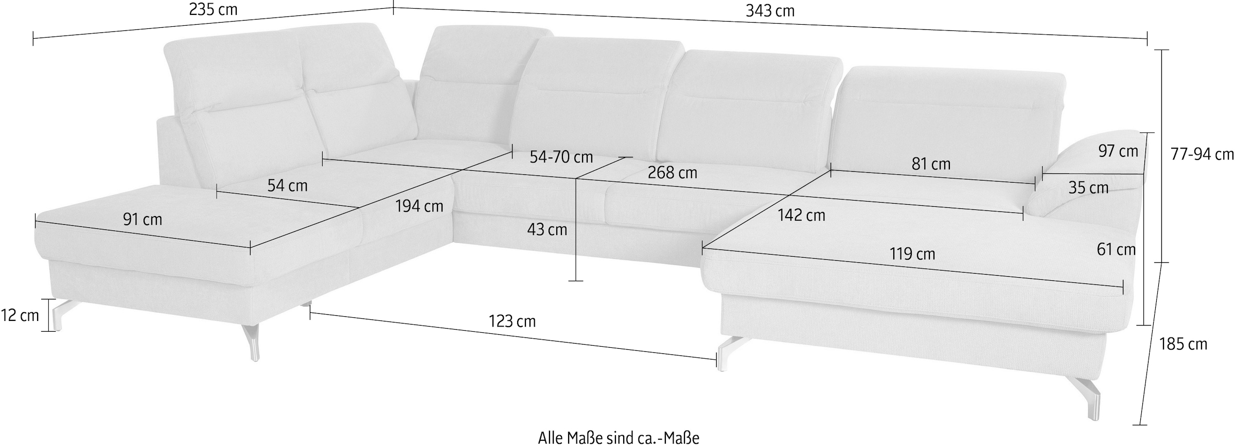 sit&more Wohnlandschaft »Percy U-Form«, 12 cm Fußhöhe, Sitztiefenverstellung, wahlweise in 2 Fußfarben