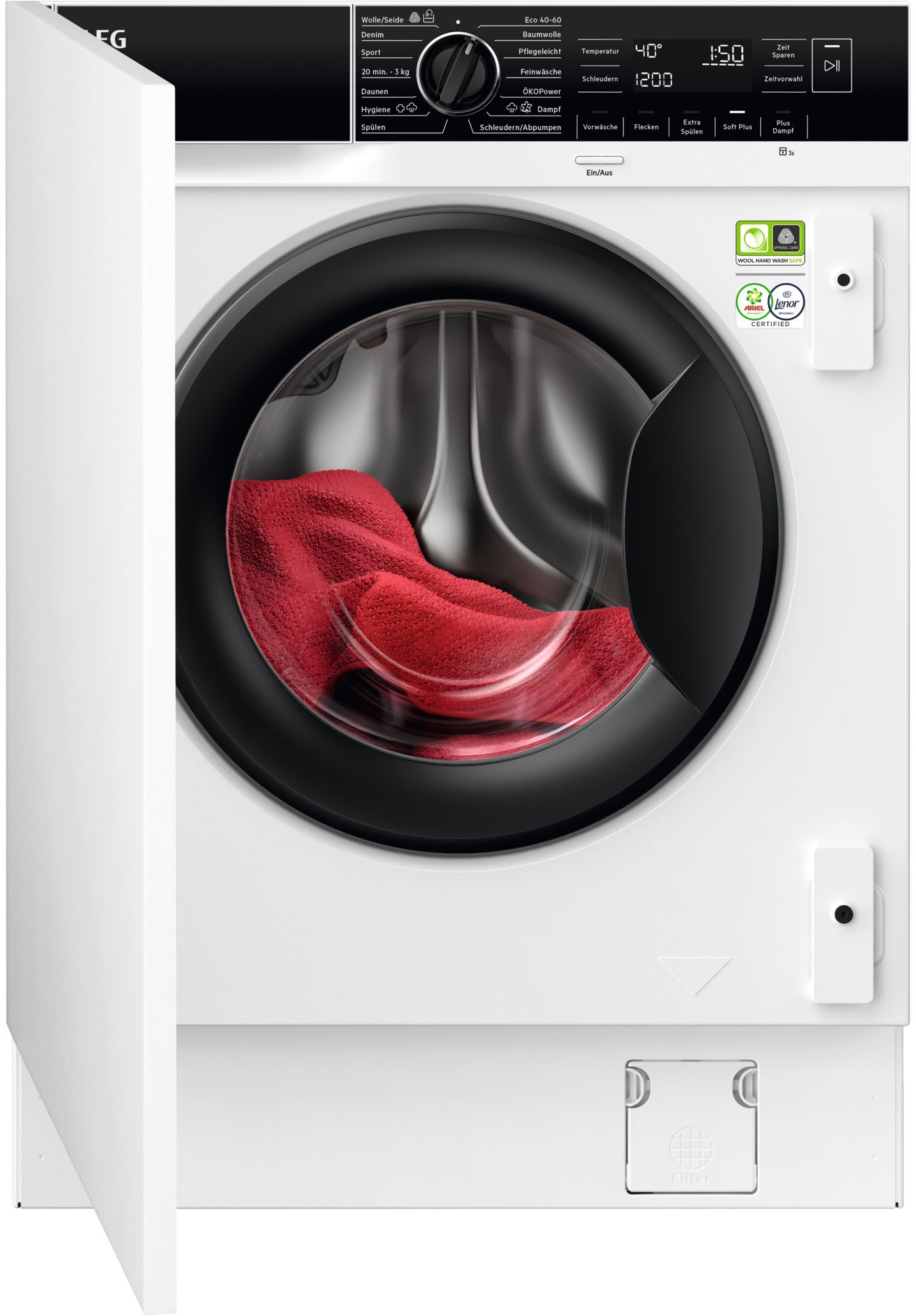 AEG Einbauwaschmaschine "LR8BI7480", B:60cm H:82cm T:55cm, weiß, Waschmaschinen, PowerClean: Vollständige Fleckenentfernung in 59 Min. bei nur 30 C