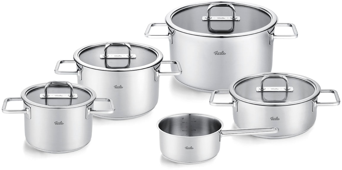 Fissler Topf-Set "Viseo Pro" Set, 3 Kochtöpfe & 1 Bratentopf mit Deckel, 1 Stielkasserolle, 9 tlg. Edelstahl 18/10