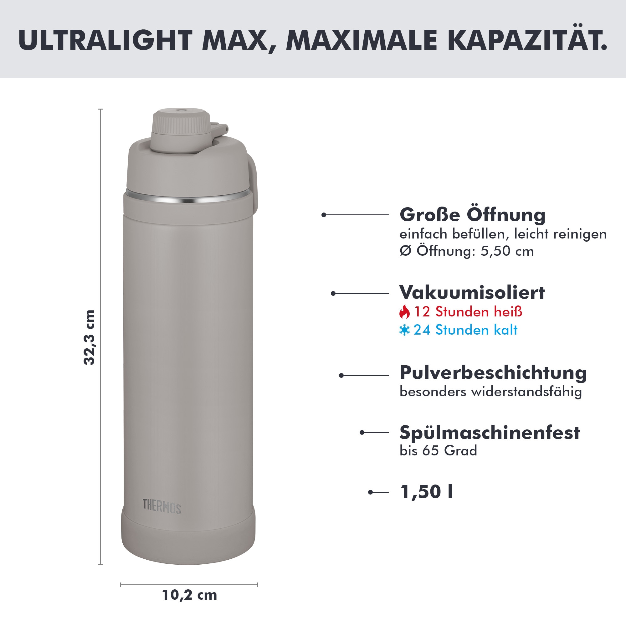 THERMOS Isolierflasche »ULTRALIGHT MAX BOTTLE, doppelwandiger Edelstahl, spülmaschinenfest« 1,50 l, 24h kalt & 12h heiß, mit Tragegriff und Trinköffnung