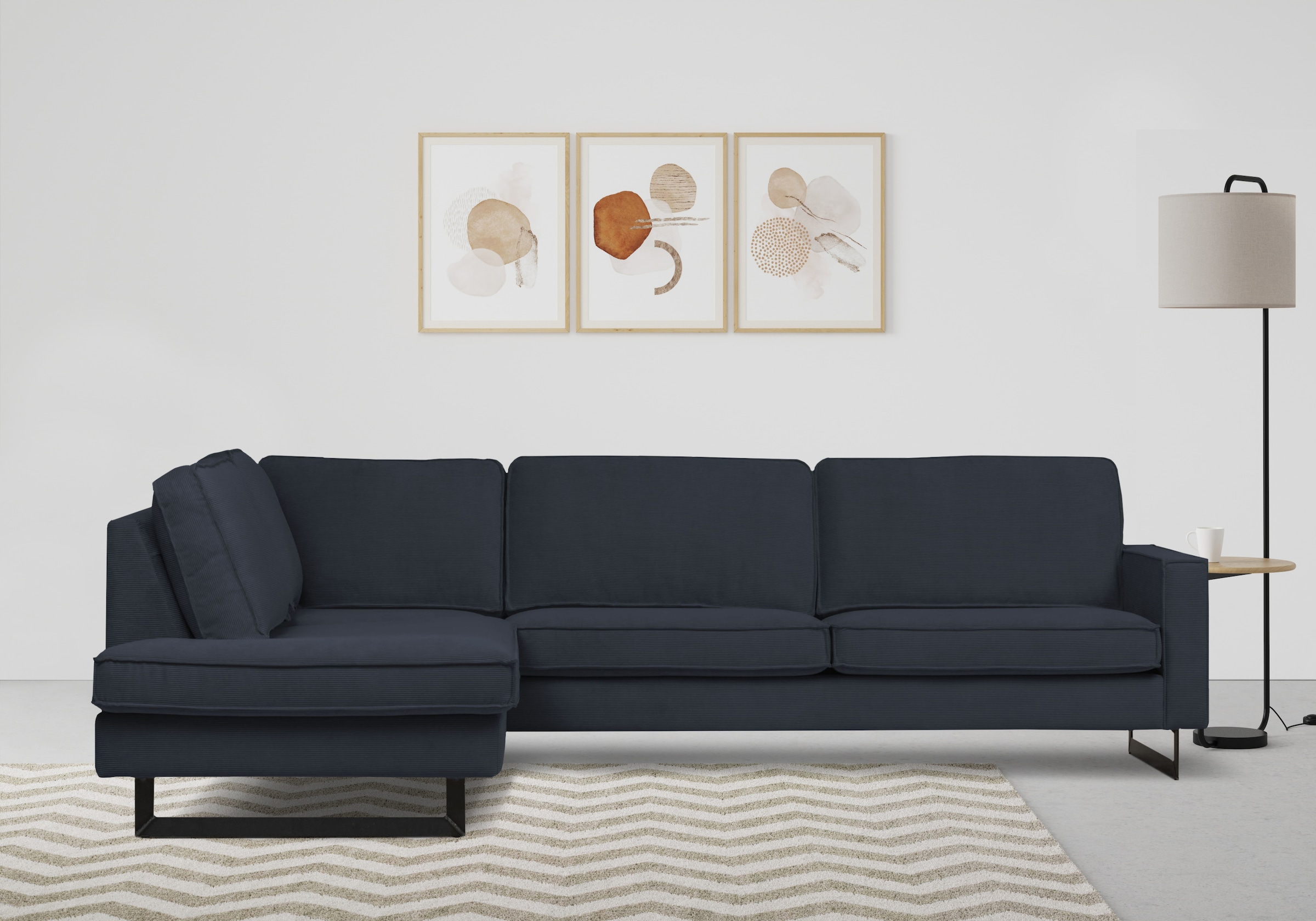 Places of Style Ecksofa »Pinto, 290 cm, Cord, Chenille, Lederoptik, Ottomane links / rechts«, mit Keder, schwarze Metallfüße, Wellenunterfederung