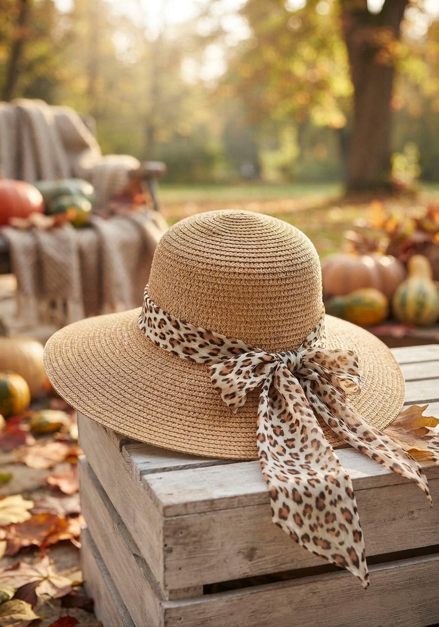 Laura Scott Sonnenhut mit modischem Leopard Schleifenband