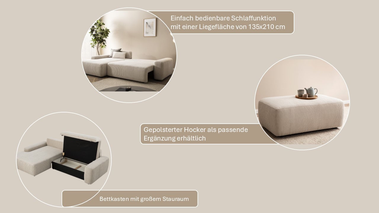 INOSIGN Ecksofa »TORGE (264cm), Schlafsofa in Cord, Samtvelours o Struktur fein, L-Form«, Schlaffunktion, Bettkasten, Liegefläche: 125/210 cm