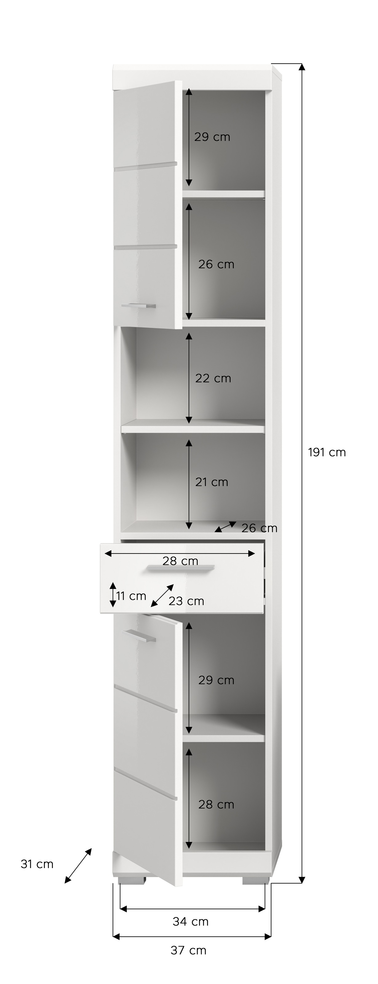 INOSIGN Hochschrank »Siena, Breite 37cm, 2 Tür, 1 Schubkasten, 2 offene Fächer, MDF-Front«, (1 St.), in verschiedenen Farben erhältlich, Badmöbel, Badschrank, Schrank, Bad