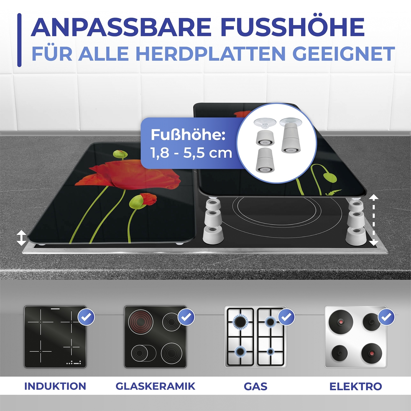 Maximex Herd-Abdeckplatte »Universal Modell Mohn«, (Set, 2 tlg.), Herdabdeckung für alle Herdarten, kratzfest, mit rutschfesten Füßen
