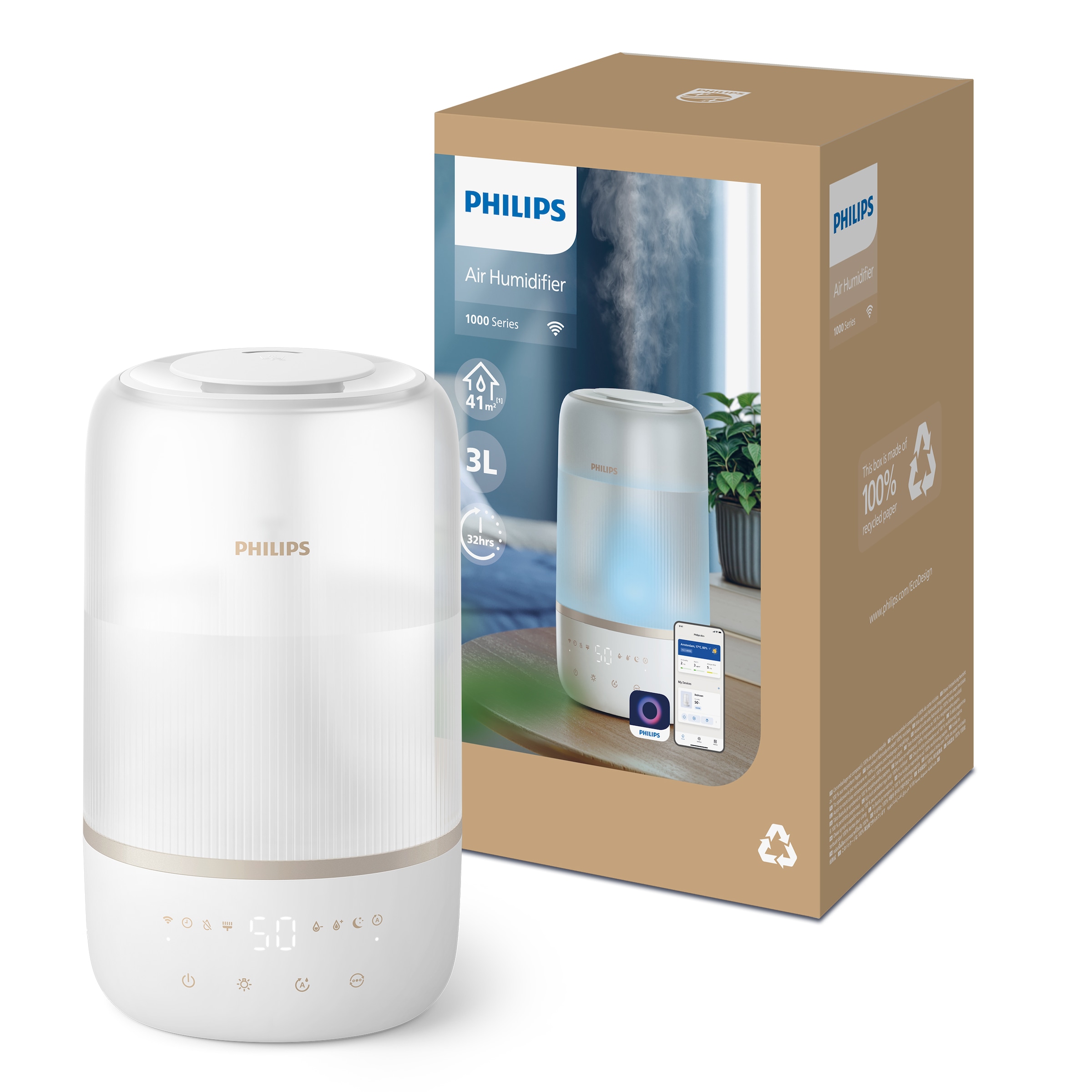 Philips Luftbefeuchter »HU1510 1000 Series, ultraschall«, 3 l Wassertank, für 41 m² Räume, mit Aroma-Diffusor, Stimmungslicht, App verbunden