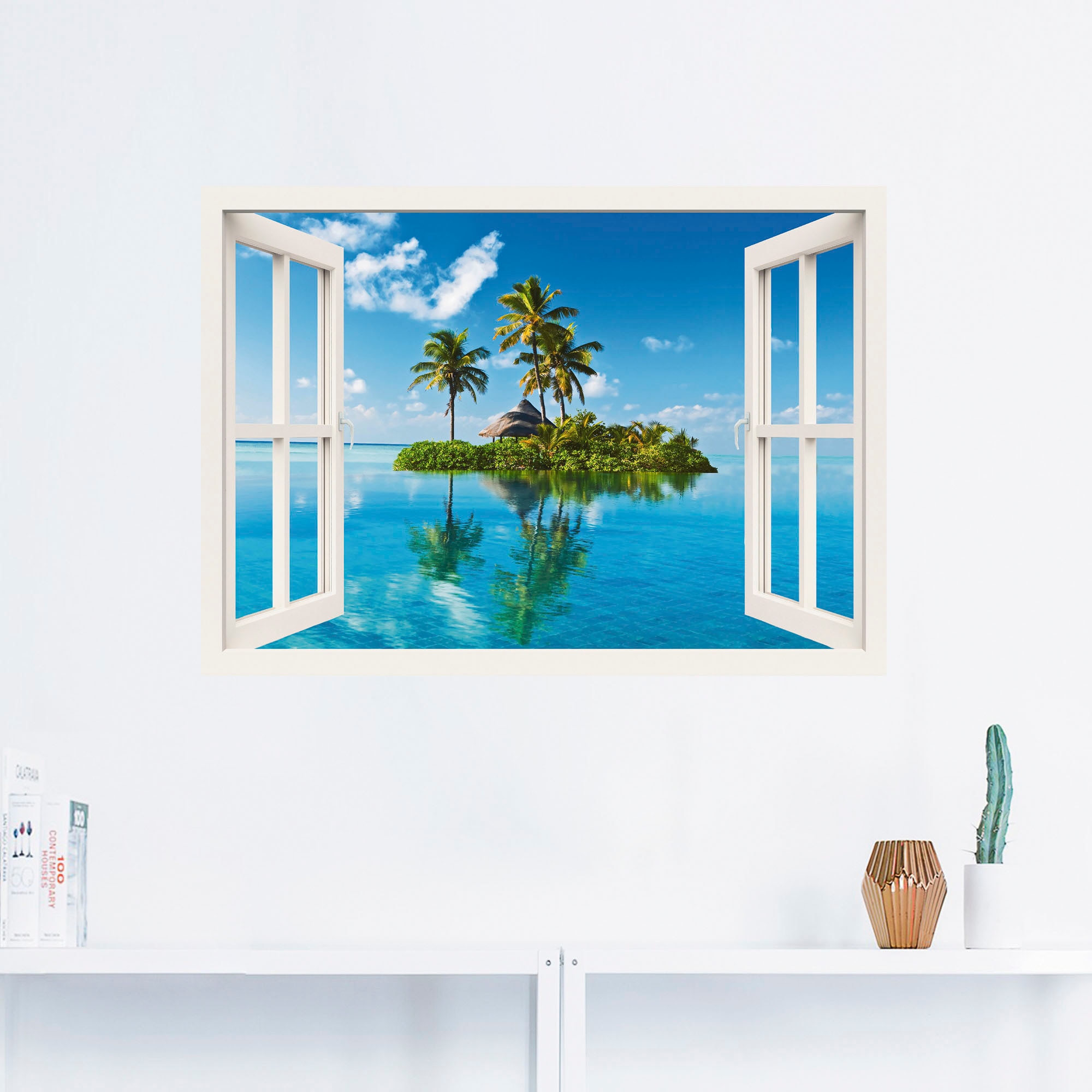 Artland Wandbild »Fensterblick Insel Palmen Meer«, Fensterblick, (1 St.), als Leinwandbild, Poster, Wandaufkleber in verschied. Größen