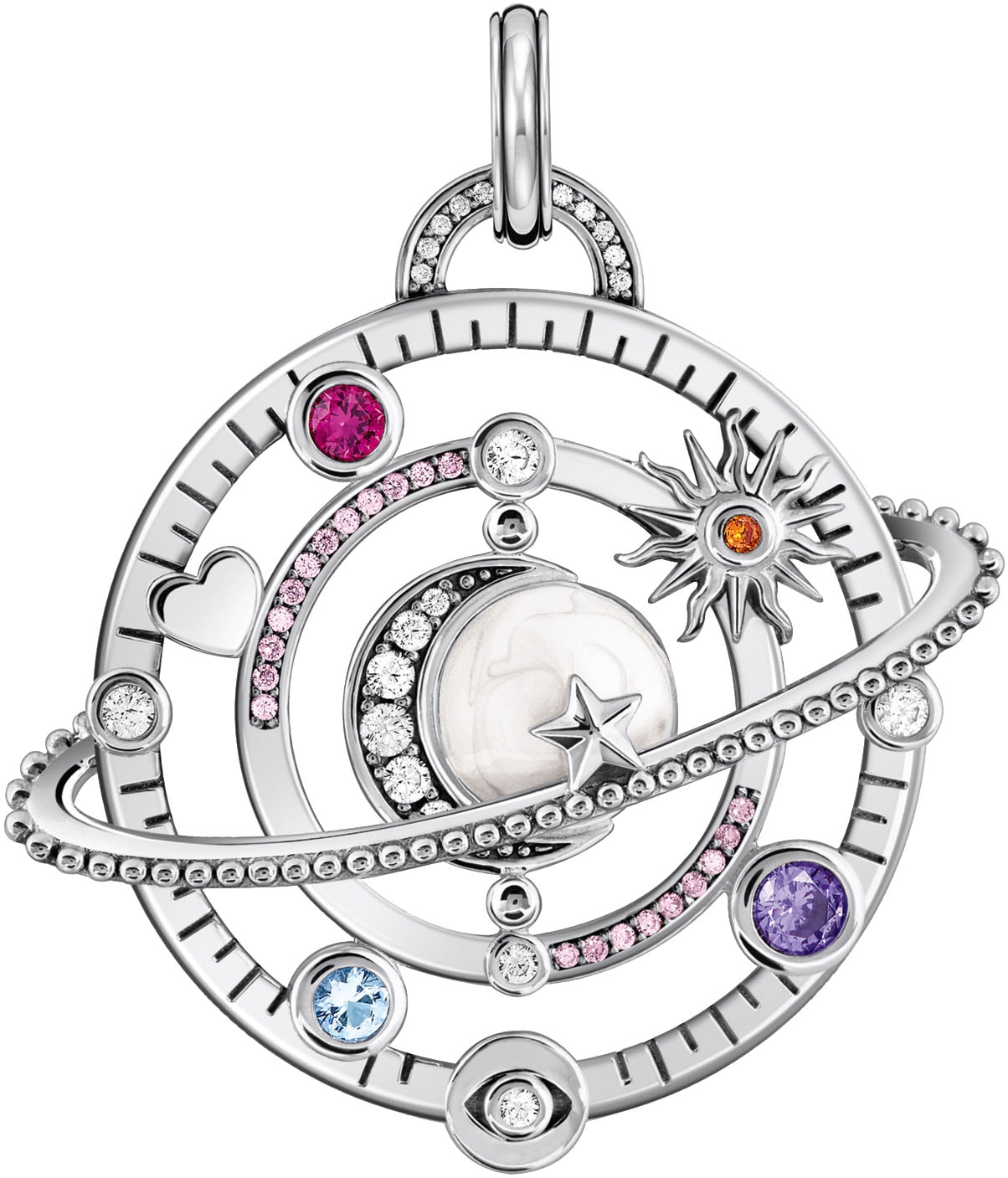 Kettenanhänger THOMAS SABO "Schmuck Silber 925 Anhänger Planetenring mit Umlaufbahnen", bunt (silberfarben, schwarz, weiß, kristallweiß, pink violett, orange, rot, hellblau, weiß, kristallweiß, pink violett, orange, rot, hellblau), Schmuckanhänger, Damen,