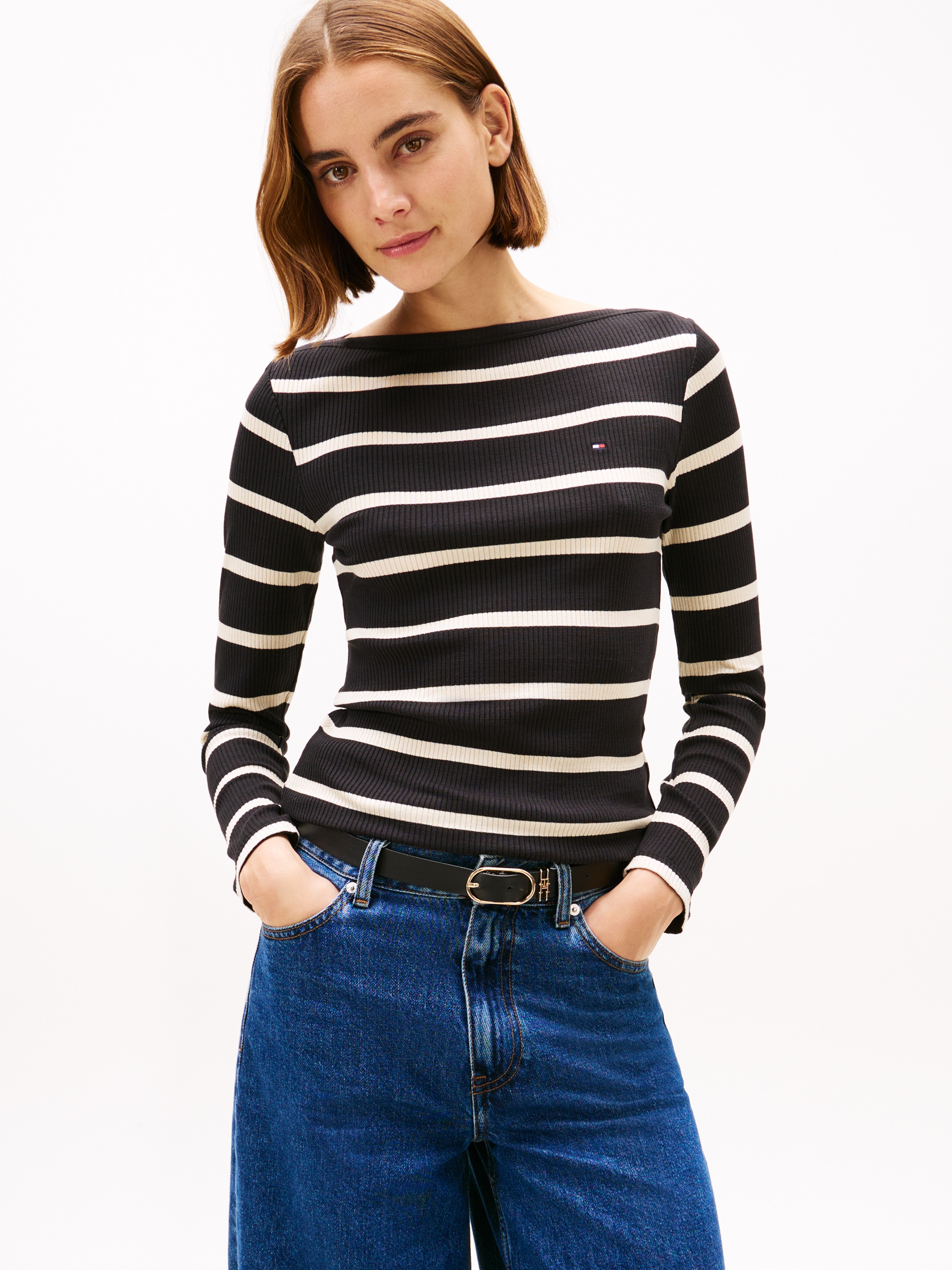 Tommy Hilfiger Langarmshirt "SLIM 5X2 RIB BOAT-NK LS mit U-Boot Ausschnitt günstig online kaufen