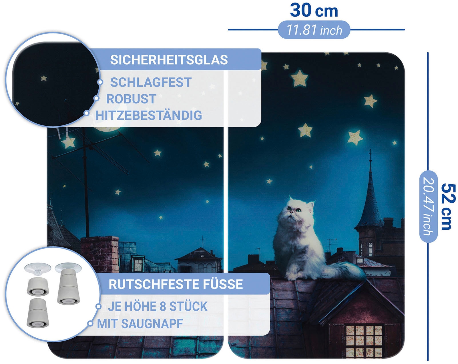 WENKO Herd-Abdeckplatte »Universal Modell Moon Cat«, (Set, 2 tlg.), Herdabdeckung für alle Herdarten, kratzfest, mit rutschfesten Füßen