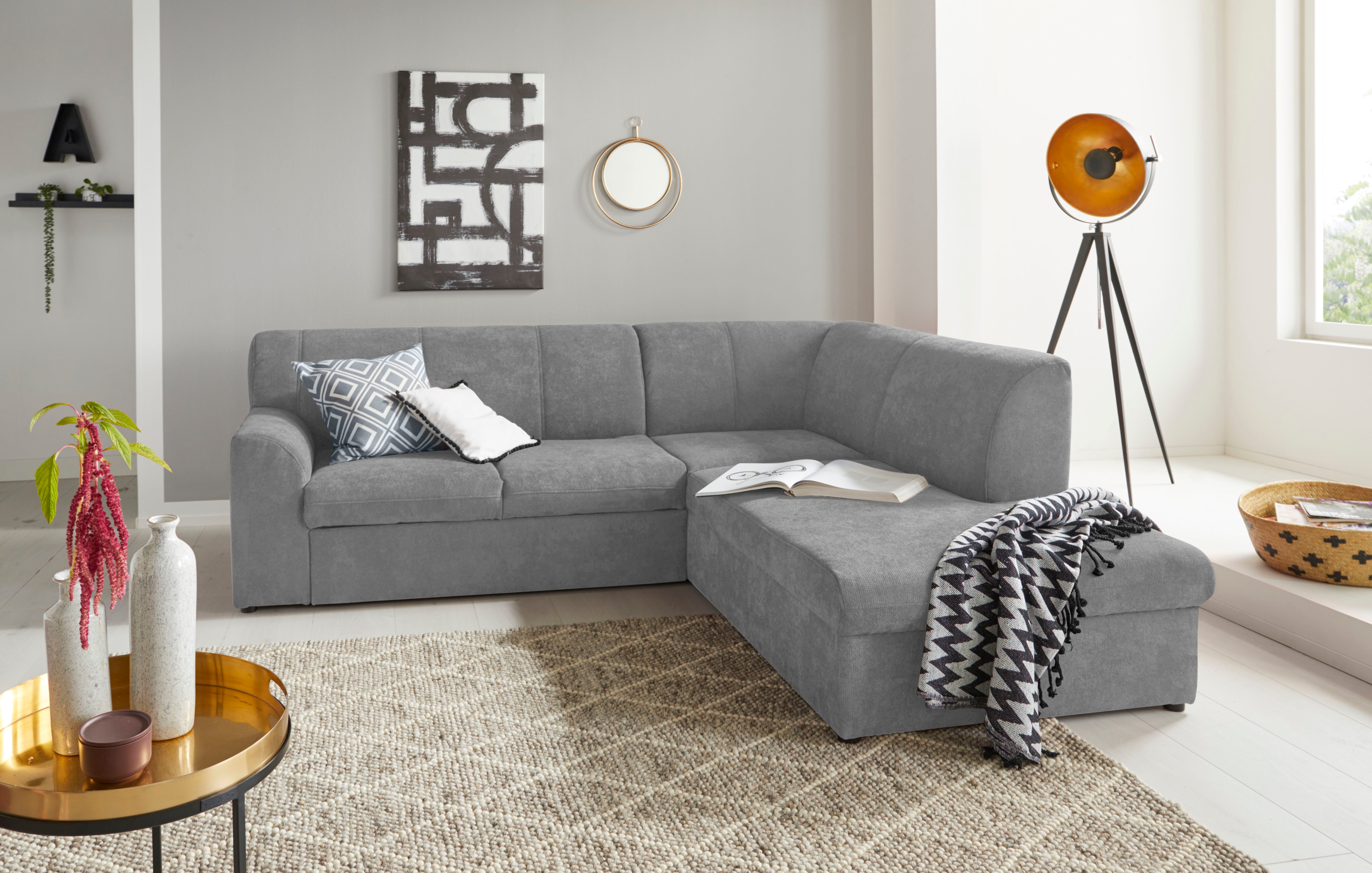DOMO collection "Topper zeitlos elegant, kompakte StellmaßeL-Form" mit Ottomane, wahlweise mit Schlaffunktion