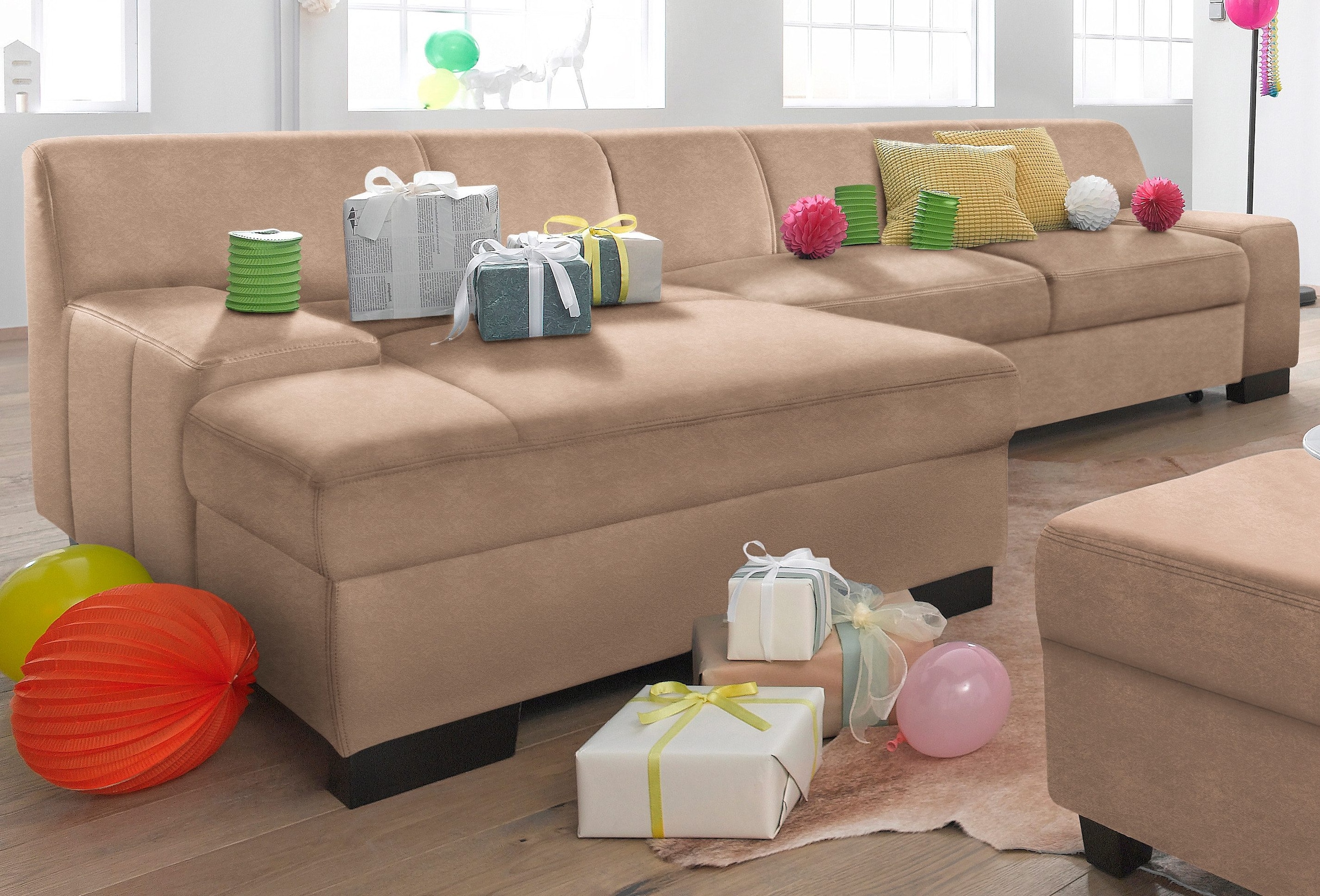 DOMO collection Ecksofa »Norma, elegant und modern, mit flachen Armlehnen, L-Form«, wahlweise mit Bettfunktion