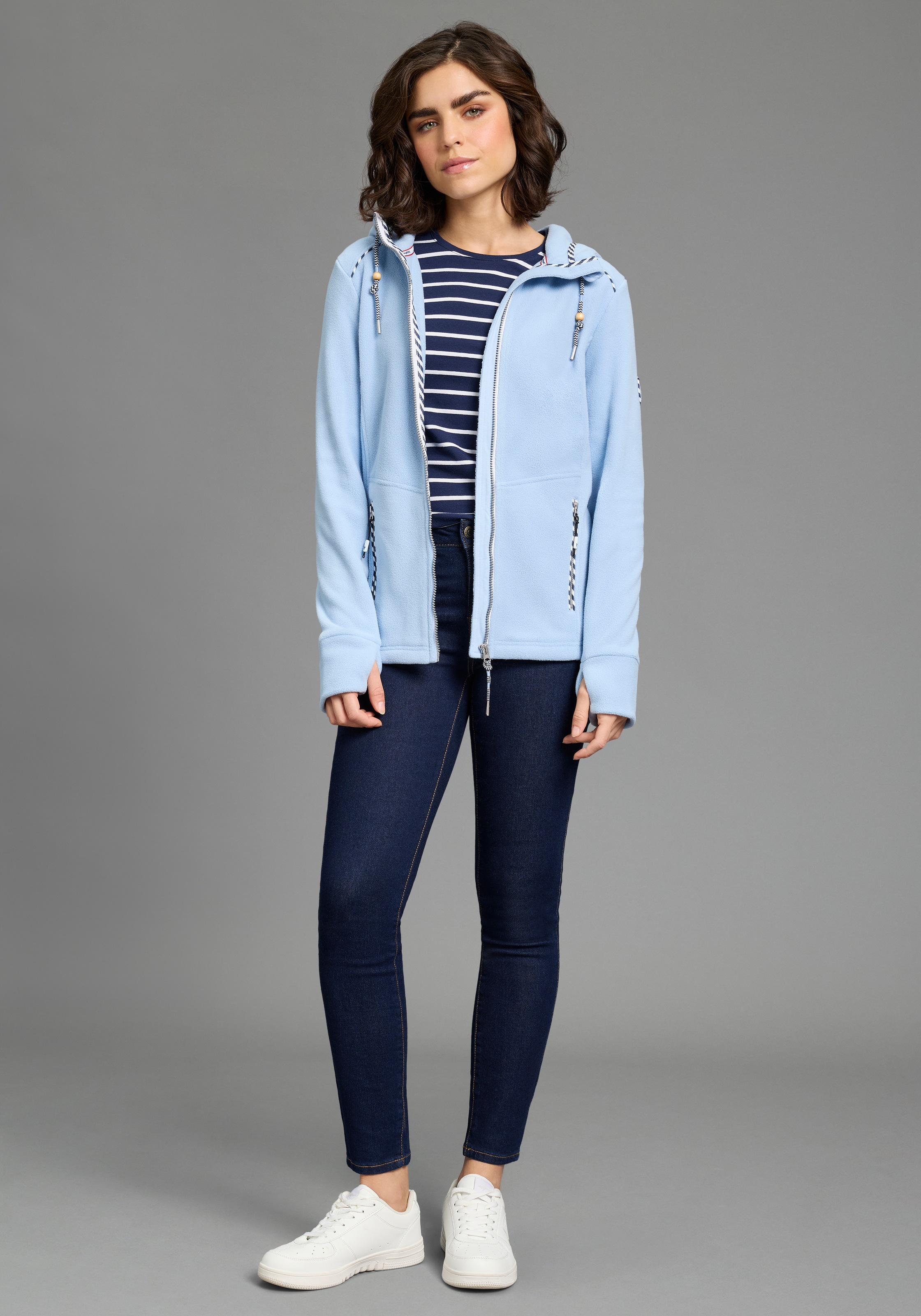 Fleecejacke KANGAROOS, Damen, Gr. 40/42, hell blau, Fleece, Obermaterial: 100% Polyester, kontrastfarbene Details, unifarben mit Farbeinsatz, bequem hüftbedeckend, Jacken Fleecejacke, figurbetonte Passform, mit Kapuze und Kordelzug, Übergangsjacke 3