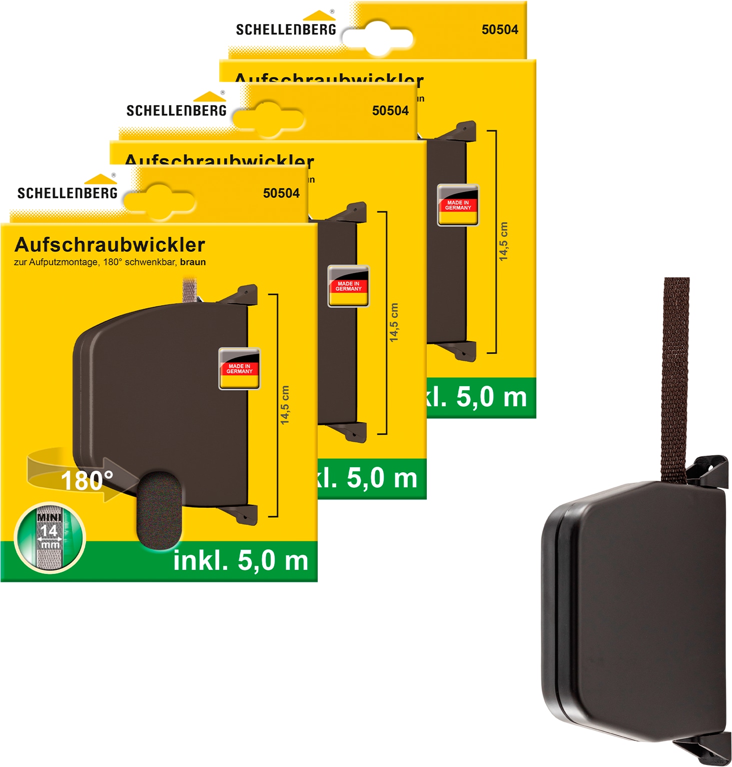 SCHELLENBERG "Aufschraubwickler für das Rollladensystem Mini" Set, 3 Stk. tlg. schwenkbar, mit vormontiertem Rollladengurtband, braun oder weiß