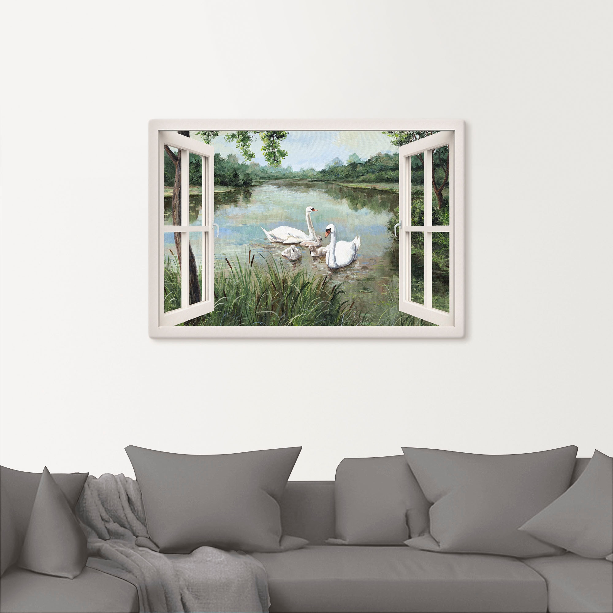 Artland Wandbild »Fensterblick - Schwäne«, Vögel, (1 St.), als Alubild, Outdoorbild, Leinwandbild, Wandaufkleber, versch. Größen