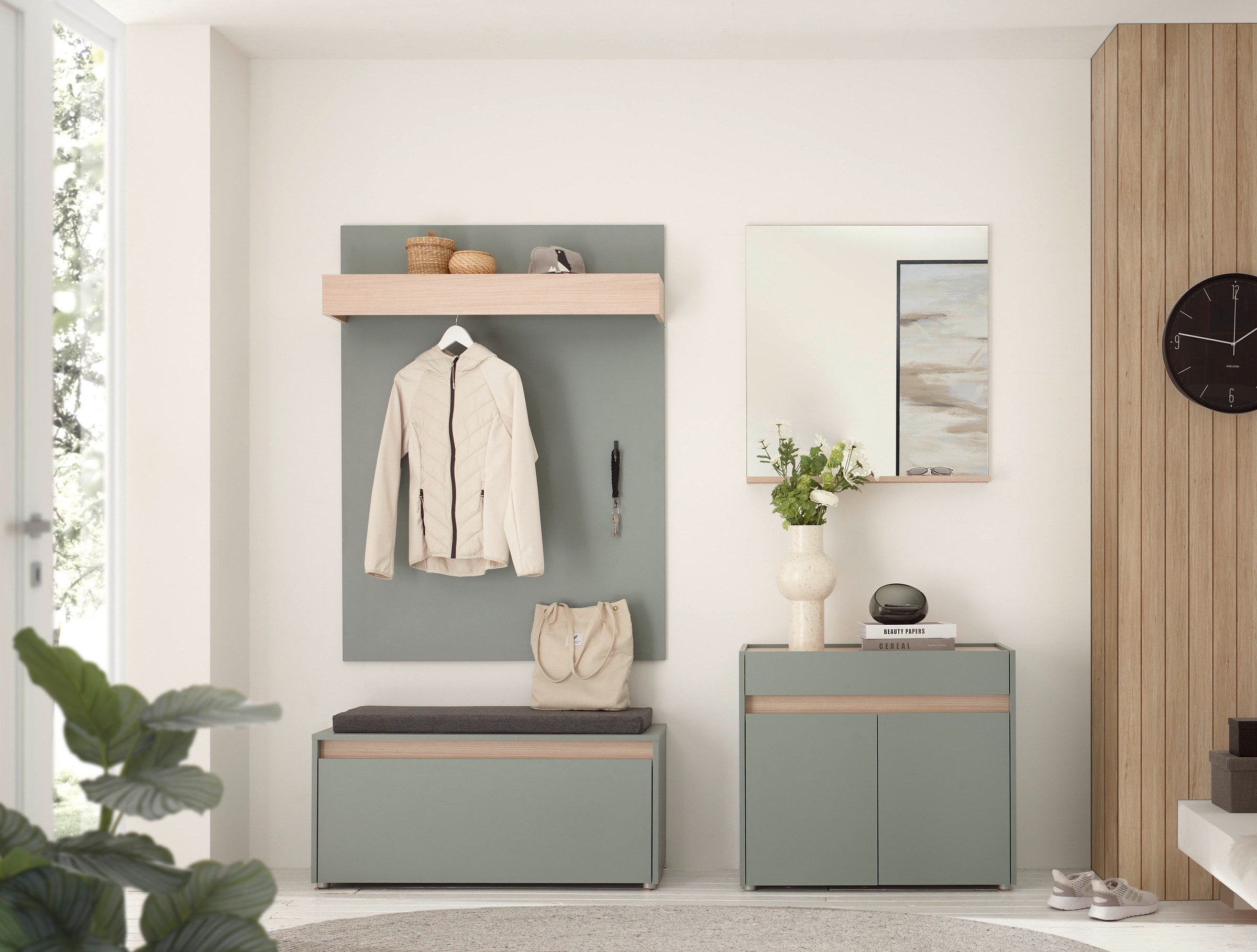 Garderoben-Set HOME AFFAIRE, B:190cm H:200cm T:40cm, grün, Holzwerkstoff, Flur, Kastenmöbel-Sets, "GIRON/CiTY, moderne Garderobe, Komplettset mit