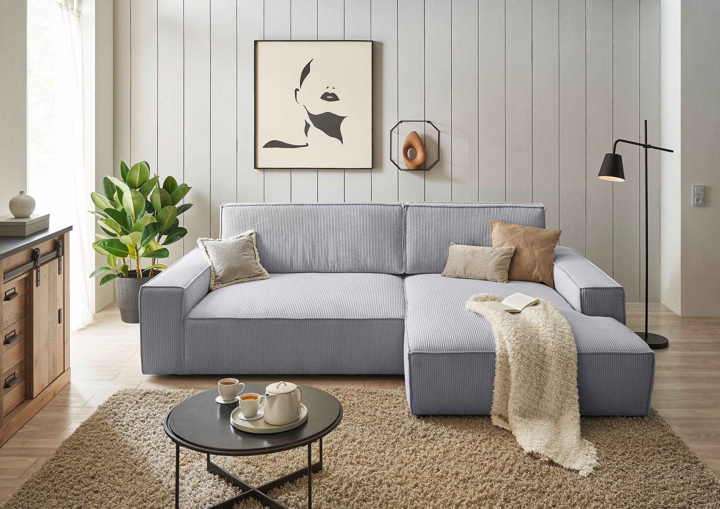 Home affaire Ecksofa »NEU: SHERWOOD XXL 284, Big-Sofa L-Form, tiefe Sitzfläche 95 cm, Cord«, Recamiere rechts/links, als Schlafsofa stellbar, Cord u. Leinenoptik