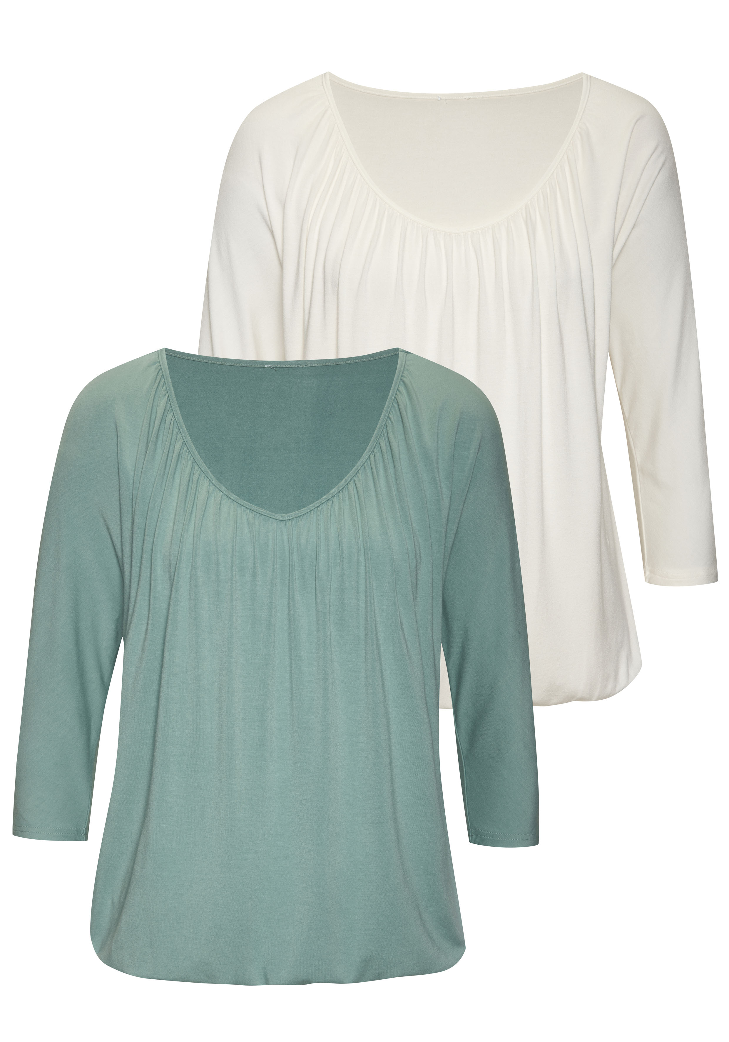 LASCANA 3/4-Arm-Shirt "mit zarter Raffung am Ausschnitt" 2er-Pack, aus luftigem Viskose-Stretch